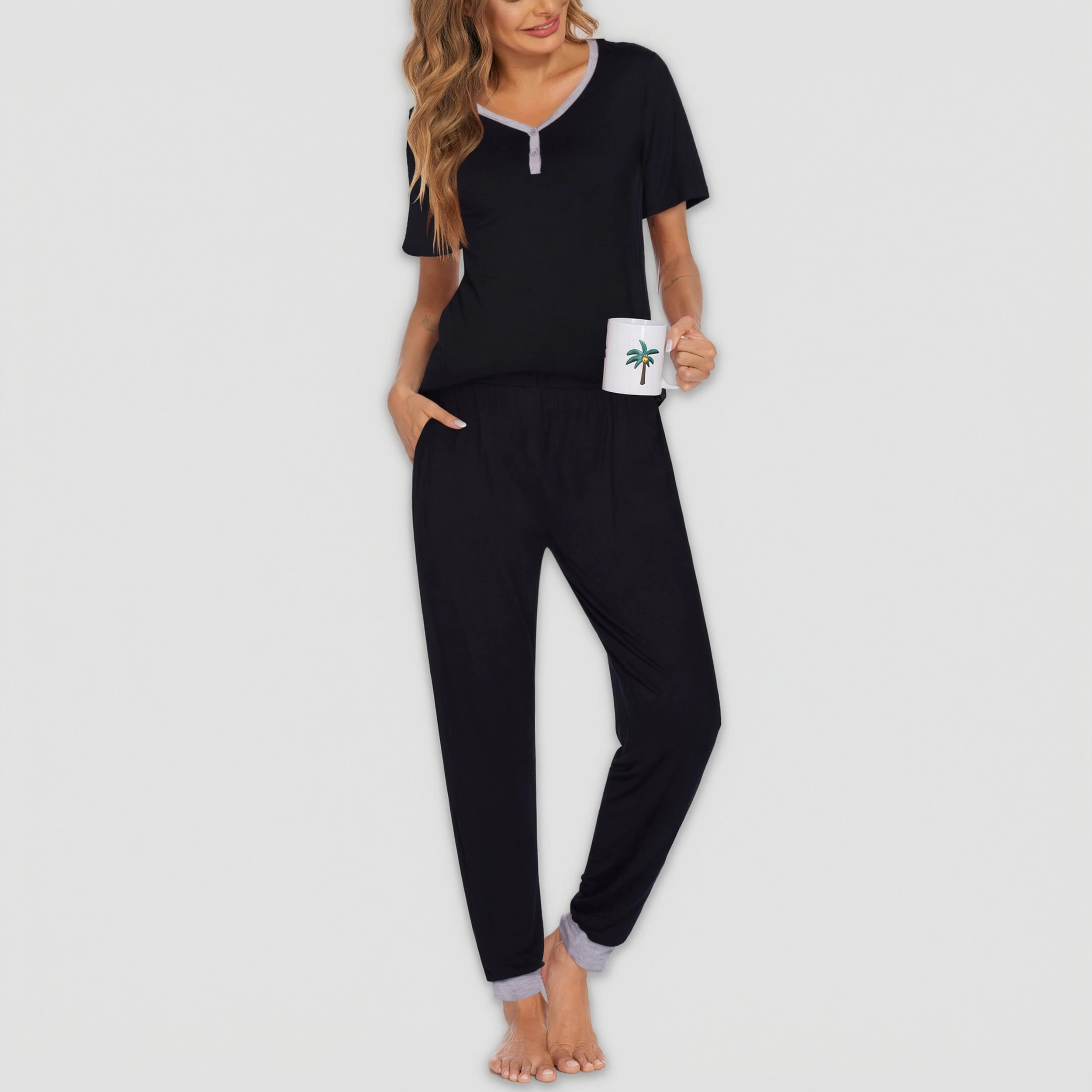 Ekouaer Pajamas for Women Set 2 Piece Lightweight Lounge Sets Short Sleeve Tops Joggers Long Pants