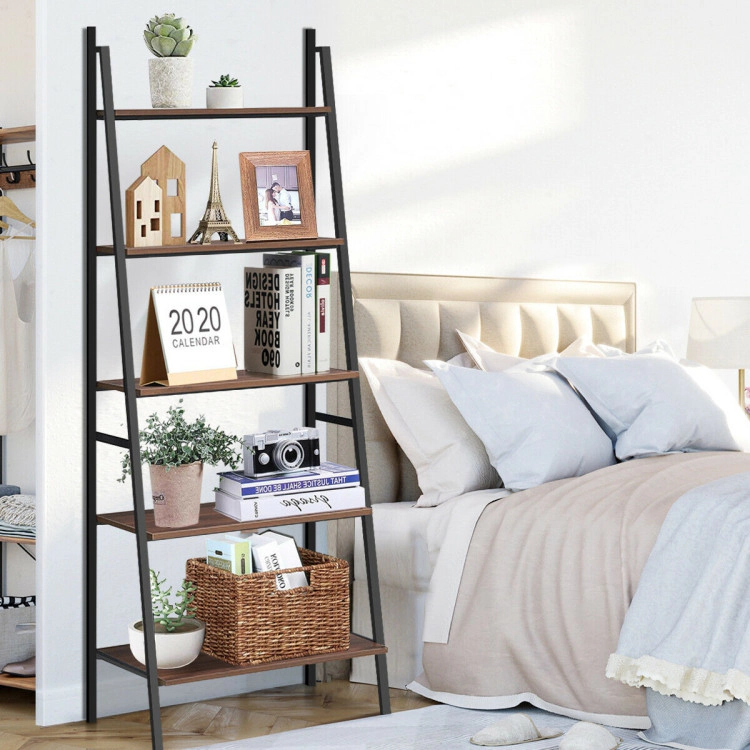 Hivvago 5 Tier Leaning Bookshelf Wood Metal Bookcase