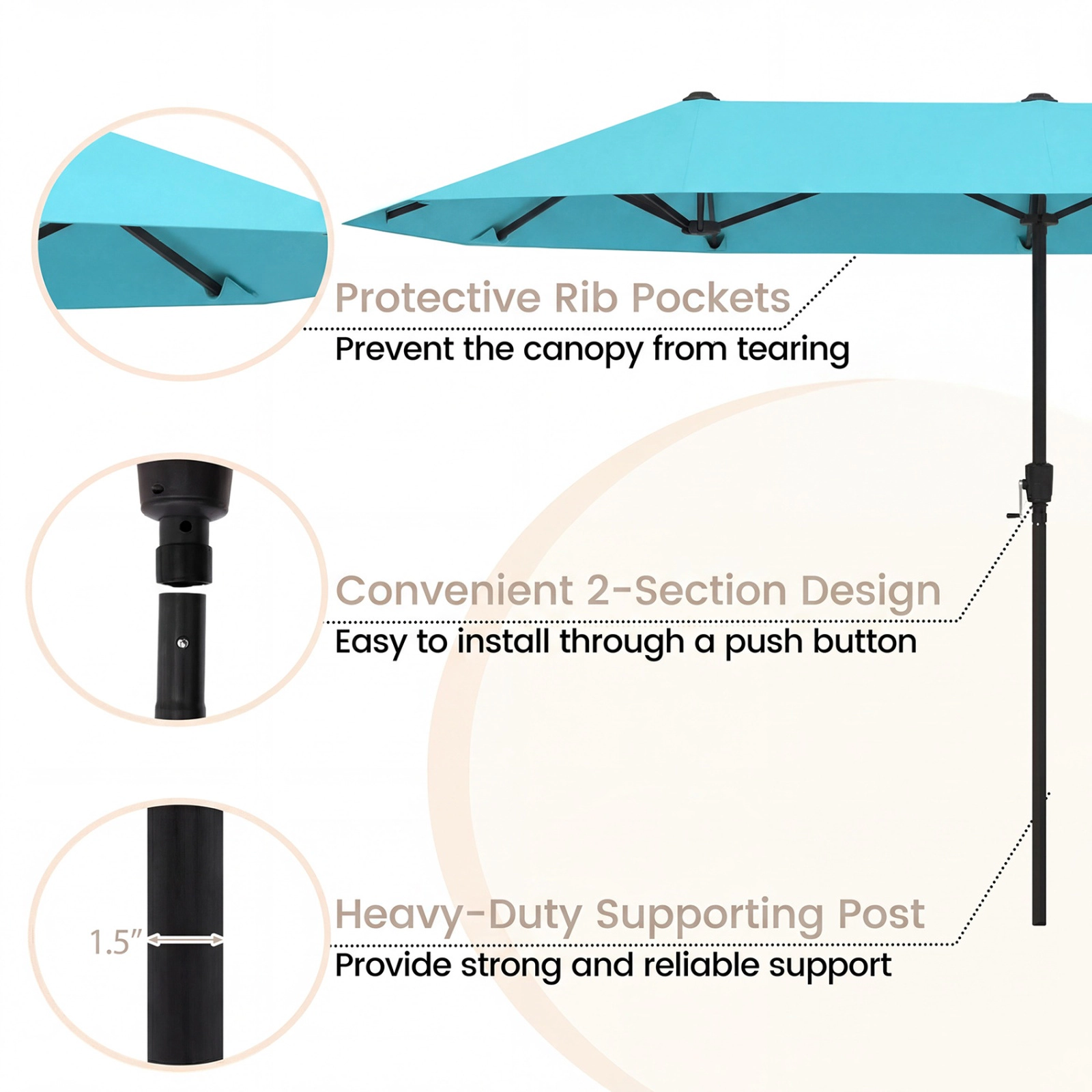 SUGIFT 13-ft Turquoise Rectangular Double-Sided Market Patio Umbrella with Hand Crank and 12 Ribs for Yard