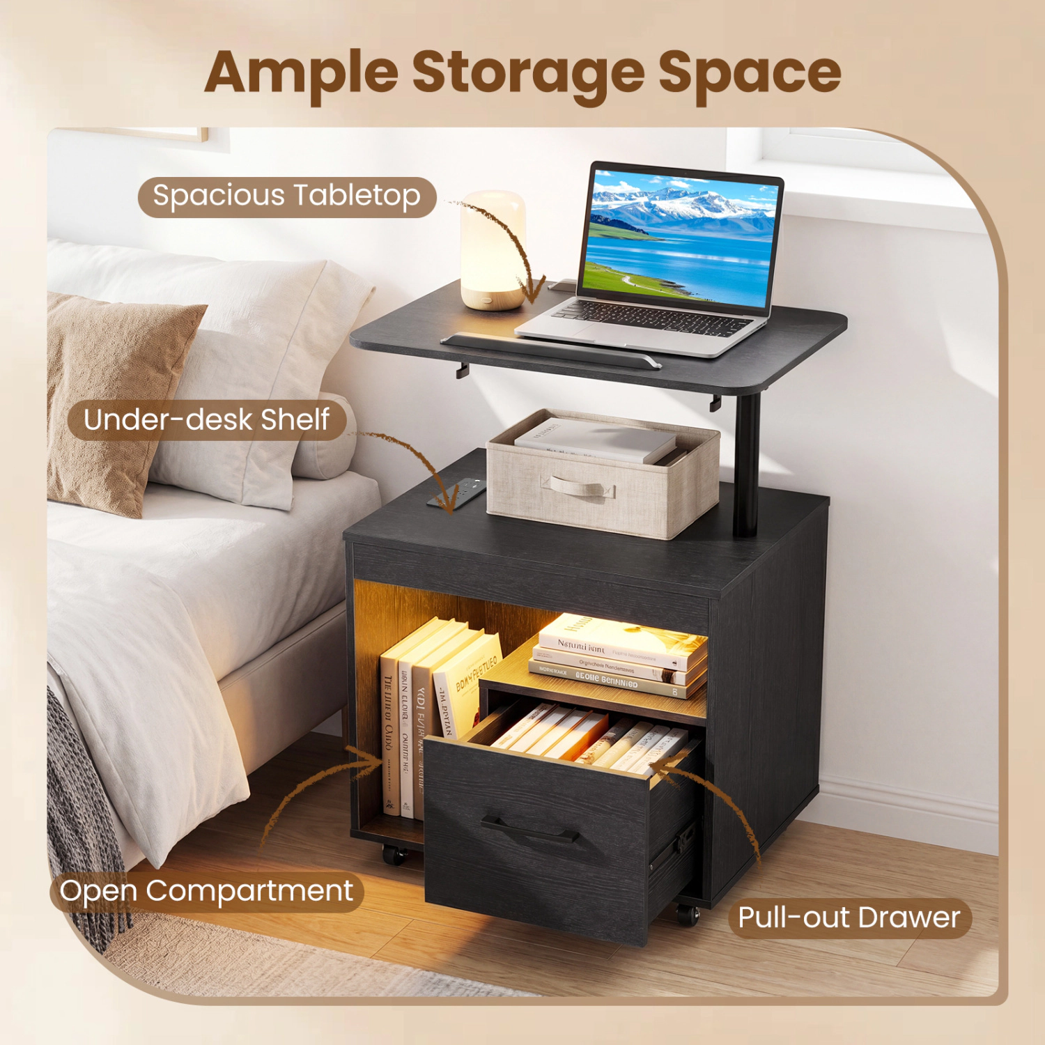 Hivvago Led Nightstand With Power Outlets Modern Bedside Table Flip Over
