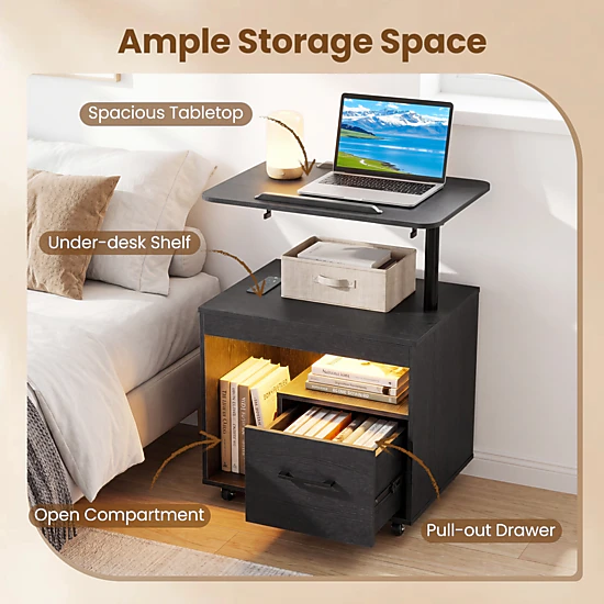 Hivvago Led Nightstand With Power Outlets Modern Bedside Table With Flip Over