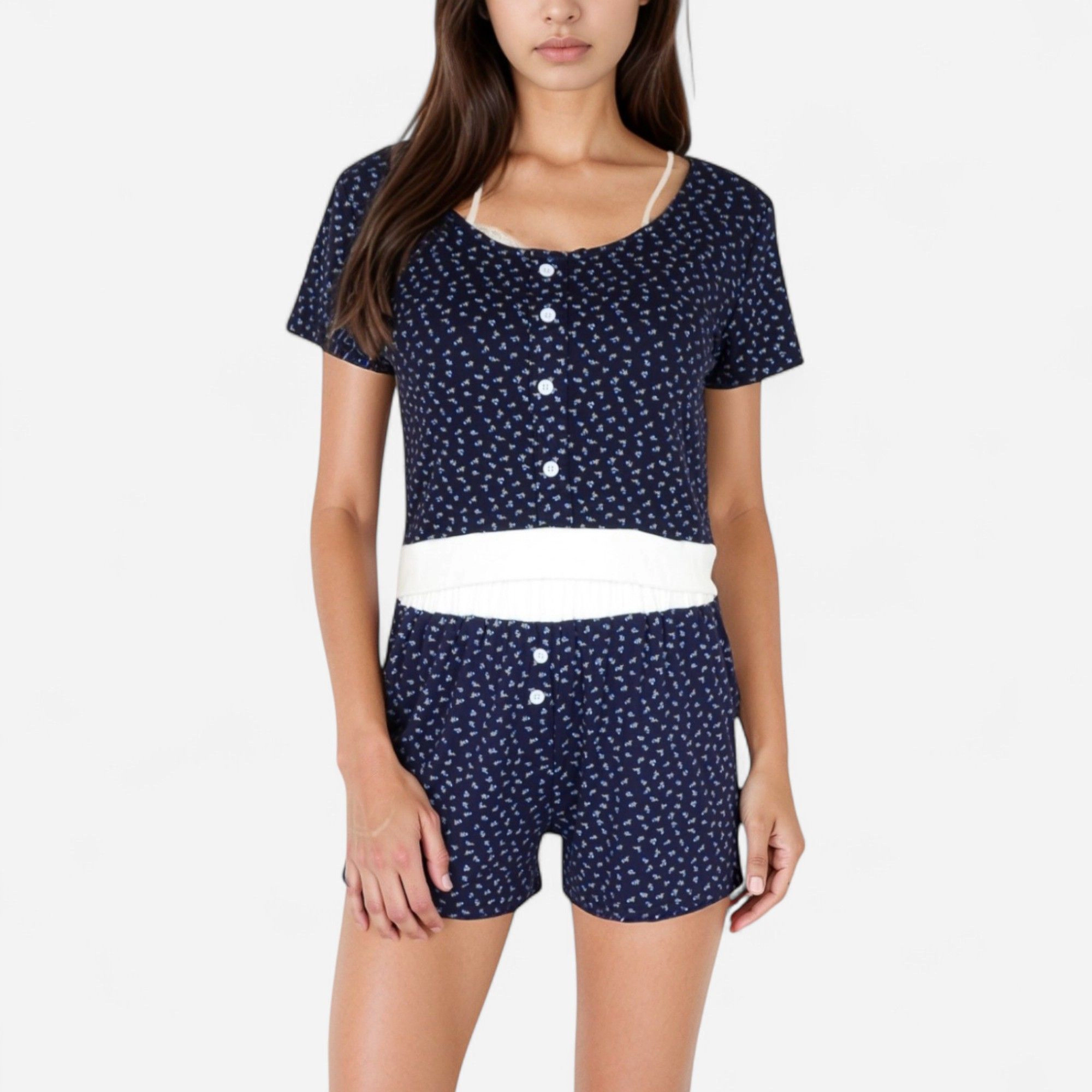 Anna-Kaci Women's Short Sleeve Sleepwear Set with Mini Bow Print and Decorative Button Details