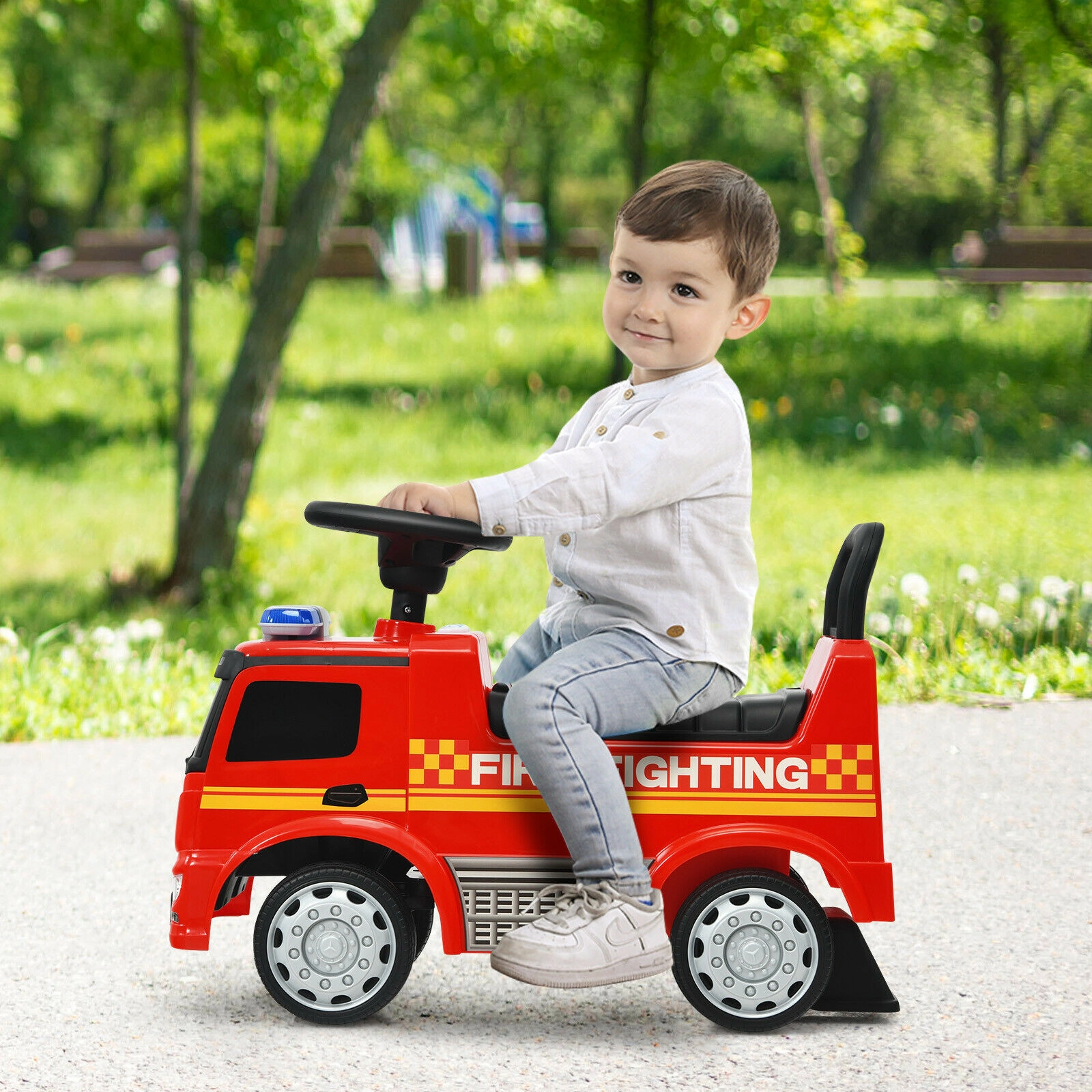 SUGIFT Licensed Mercedes Benz Kids Fire Engine Ride-On Push Car 55-lb Capacity Ages 12-36 Months Foot-to-Floor Red