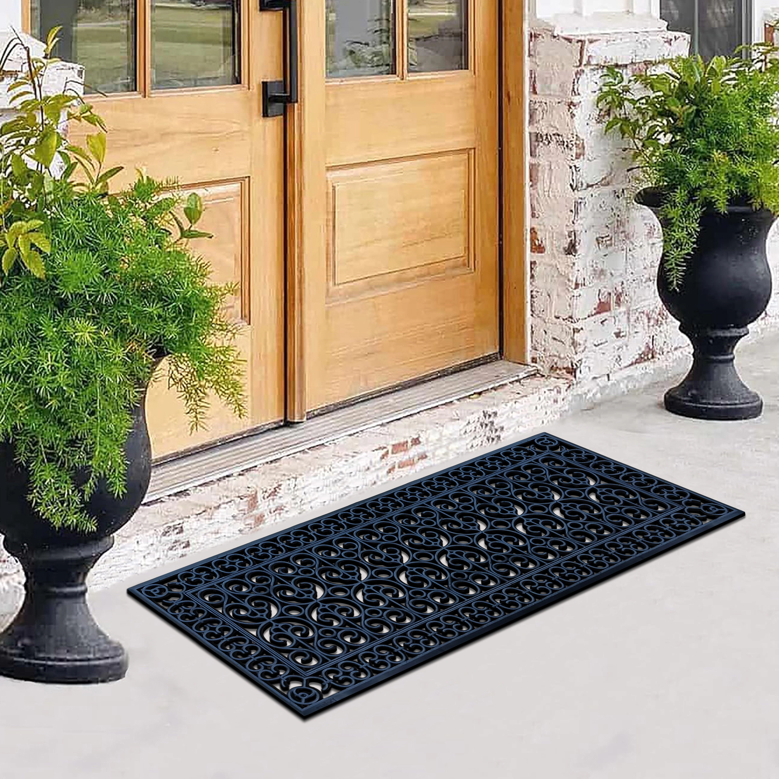 A1 Home Collection 19 lb Heavy Duty Rubber Doormat Non-Slip Outdoor Dirt Scraper Mat, Black Artistic, 24 x 57 Inches