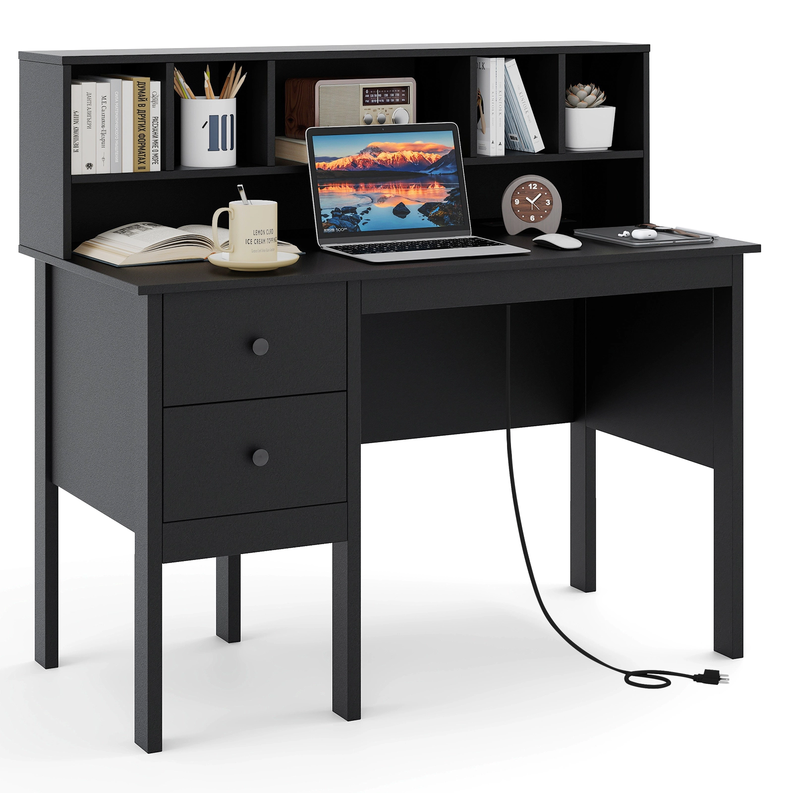 SUGIFT 48-Inch Black Computer Gaming Desk with 2 Drawers, 5 Shelves and USB Ports
