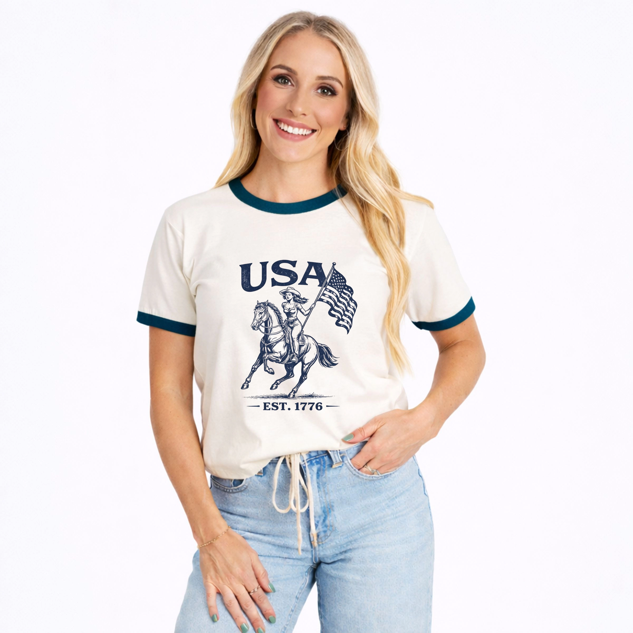 Simply Sage Market - USA Cowgirl Flag Women's Ringer Graphic T-Shirt
