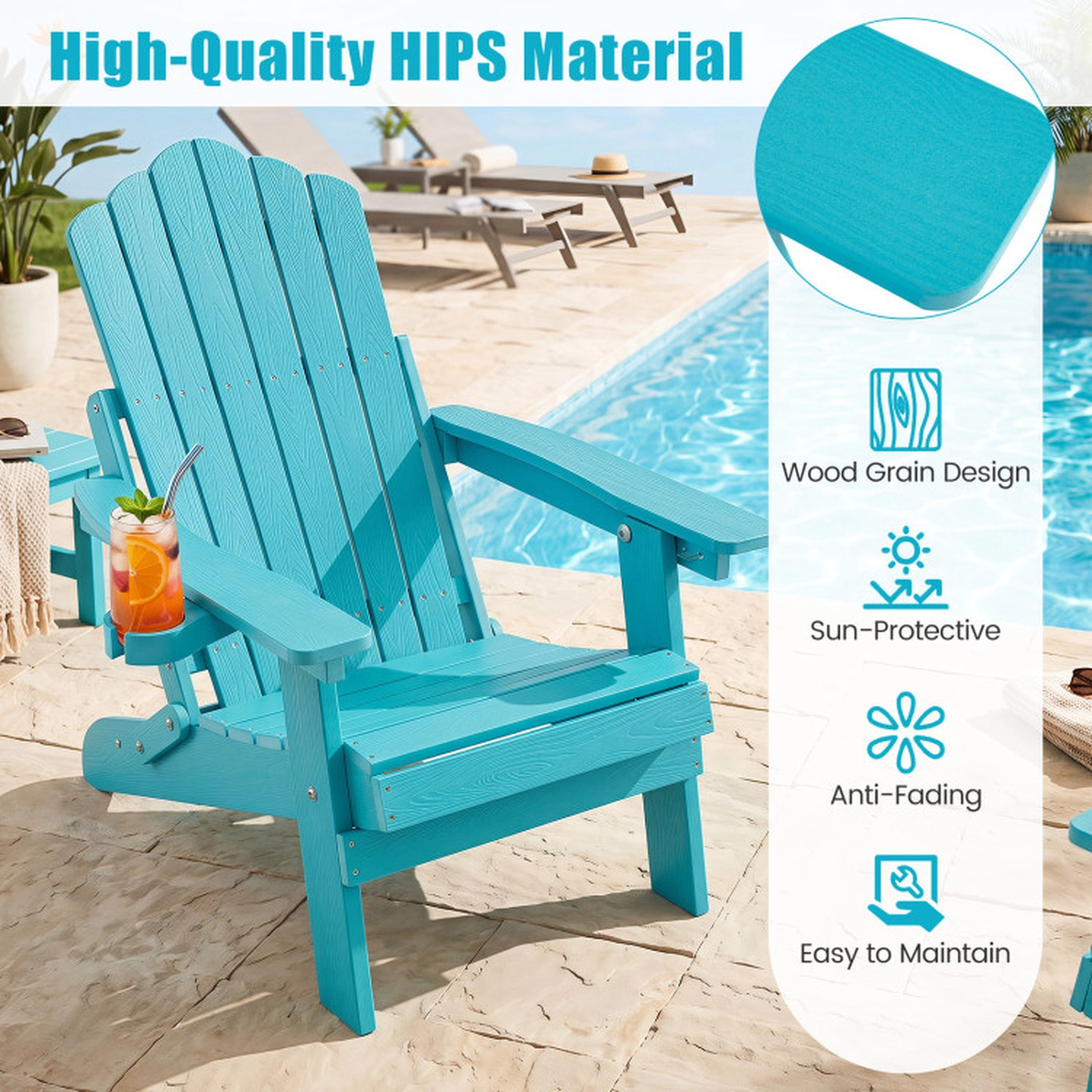 SUGIFT Set of 2 330-lb Capacity Turquoise 5-Level Reclining Folding HIPS Adirondack Chairs with Swivel Cup Holder