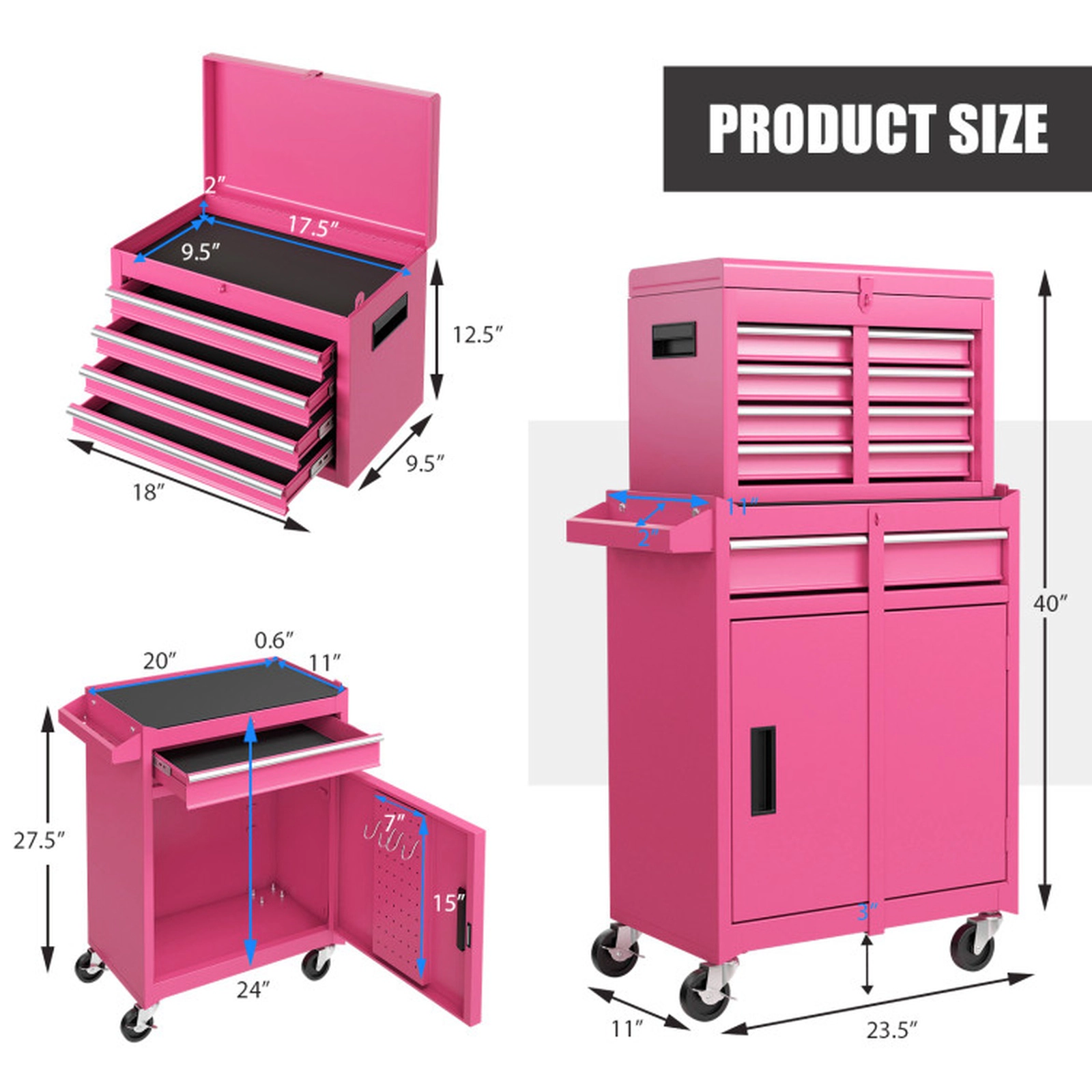 SUGIFT 2-in-1 5-Drawer Detachable Lockable Steel Rolling Tool Chest Cabinet 23-in x 11-in x 40.5-in 220.5-lb Pink
