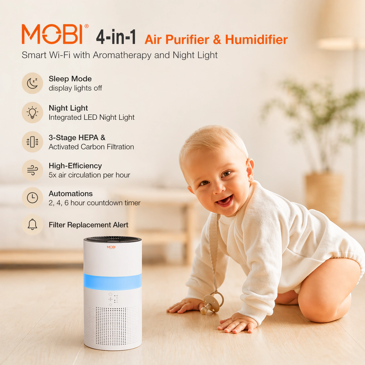 MOBI Smart 4-in-1 Air Purifier & Humidifier with HEPA, Aromatherapy & Nightlight