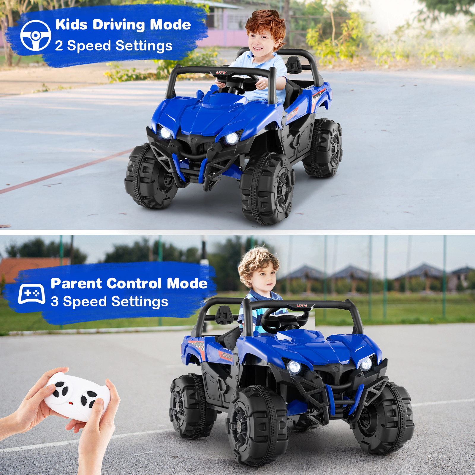 12V Kids Ride On Car Blue Electric Vehicle Parent Remote 3 Speeds Rear Storage Learning Sounds LED Lights Ages 3+