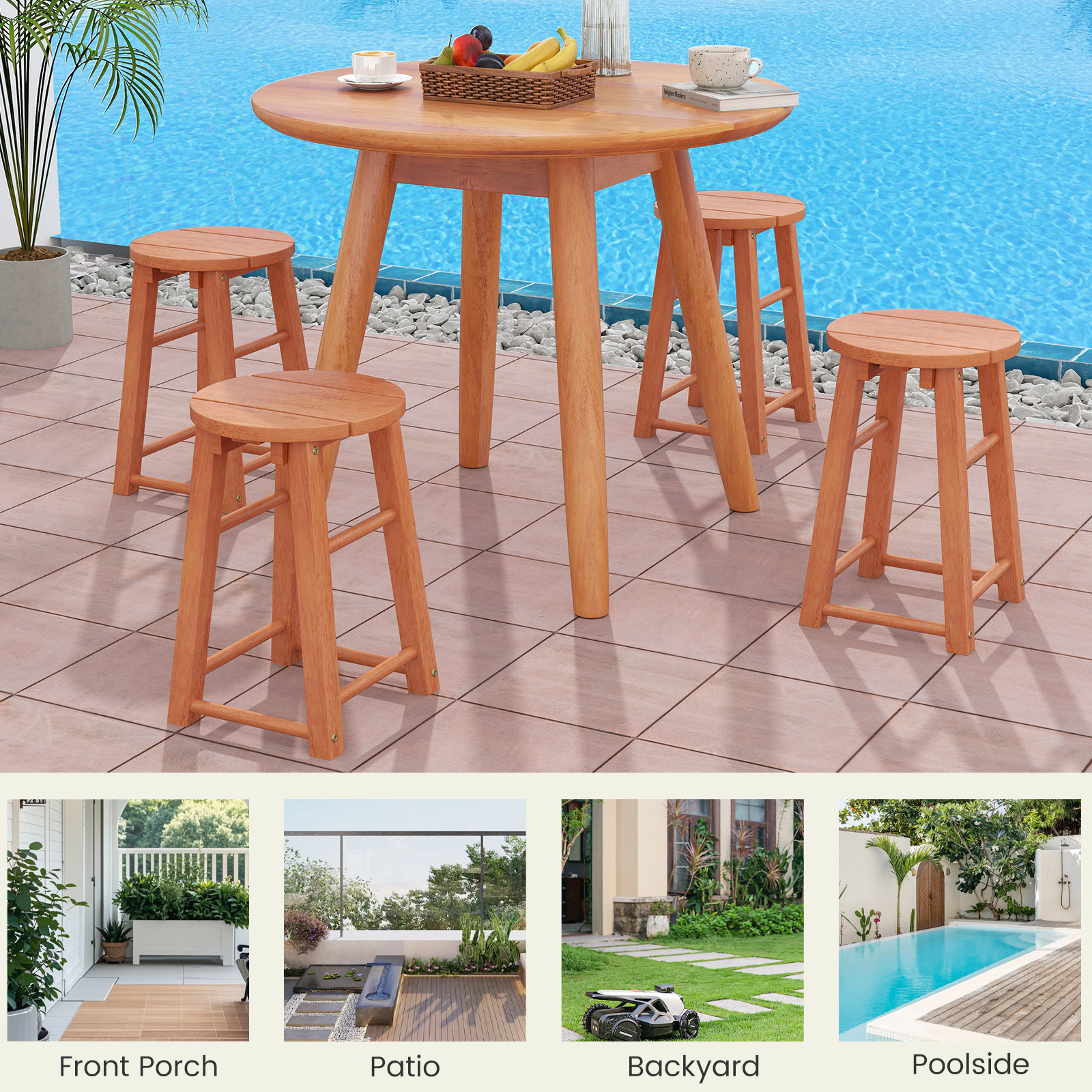 SUGIFT Set of 2 Round Seat and Wood Crossbars Eucalyptus Wood 18-in 265-lb Rated Stools Natural