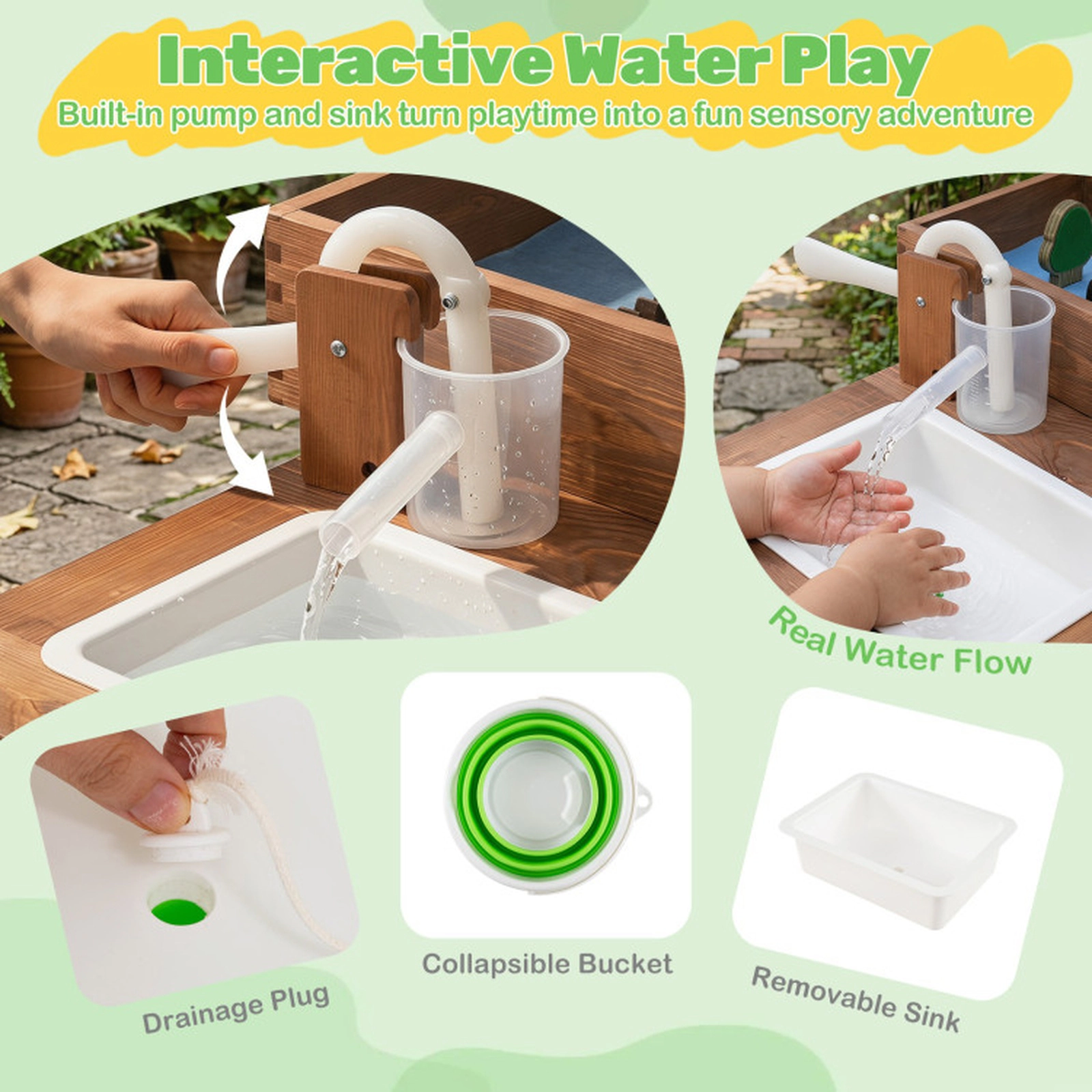 SUGIFT Sensory Table with Water Pump, Sink and 33 Sand Toys Kids Play Kitchen 44-lb Sand Capacity Ages 3+ Coffee & Brown