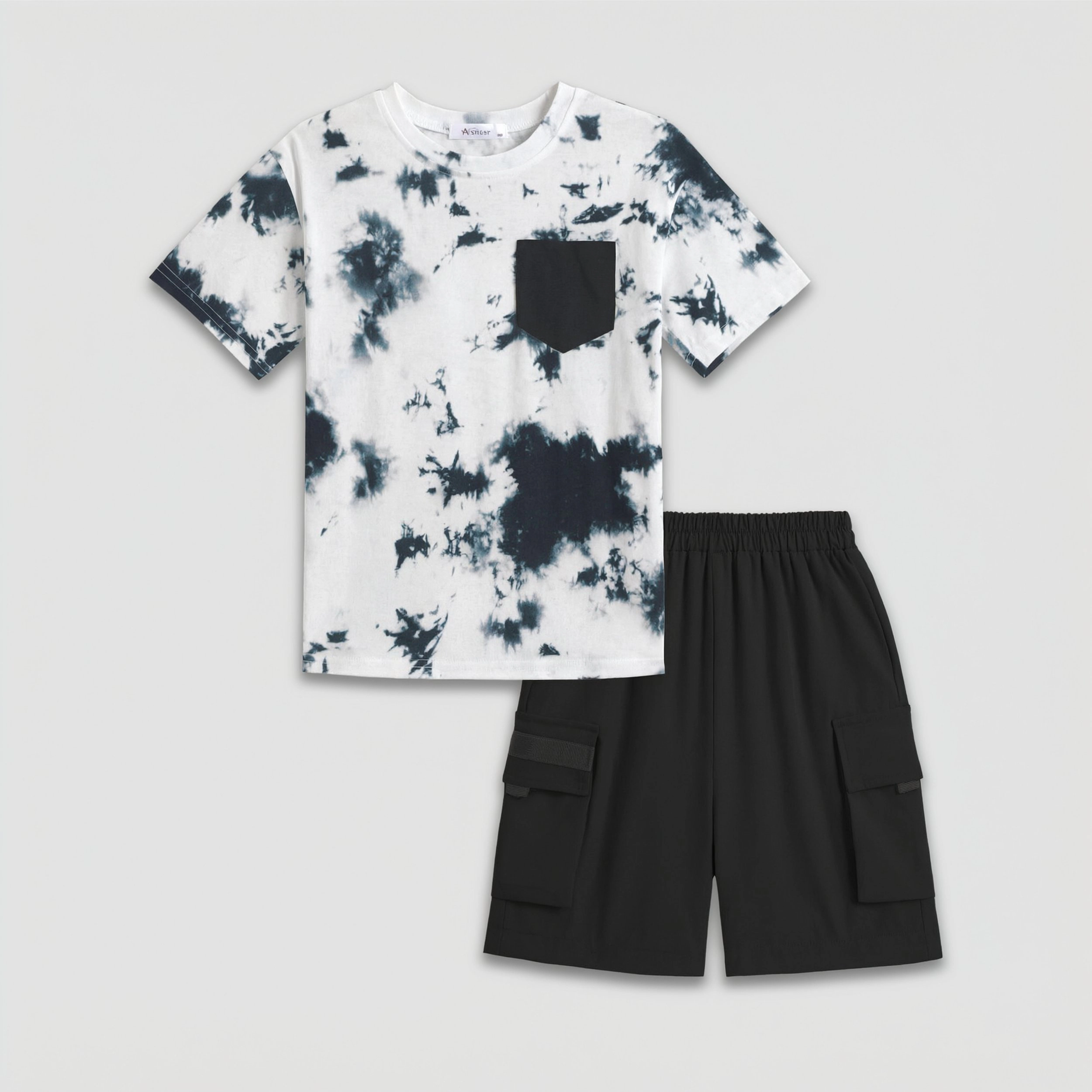 Arshiner Boys Tiedye Set Short Sleeve T-Shirt Cargo Shorts Fun Summer Style For Kids