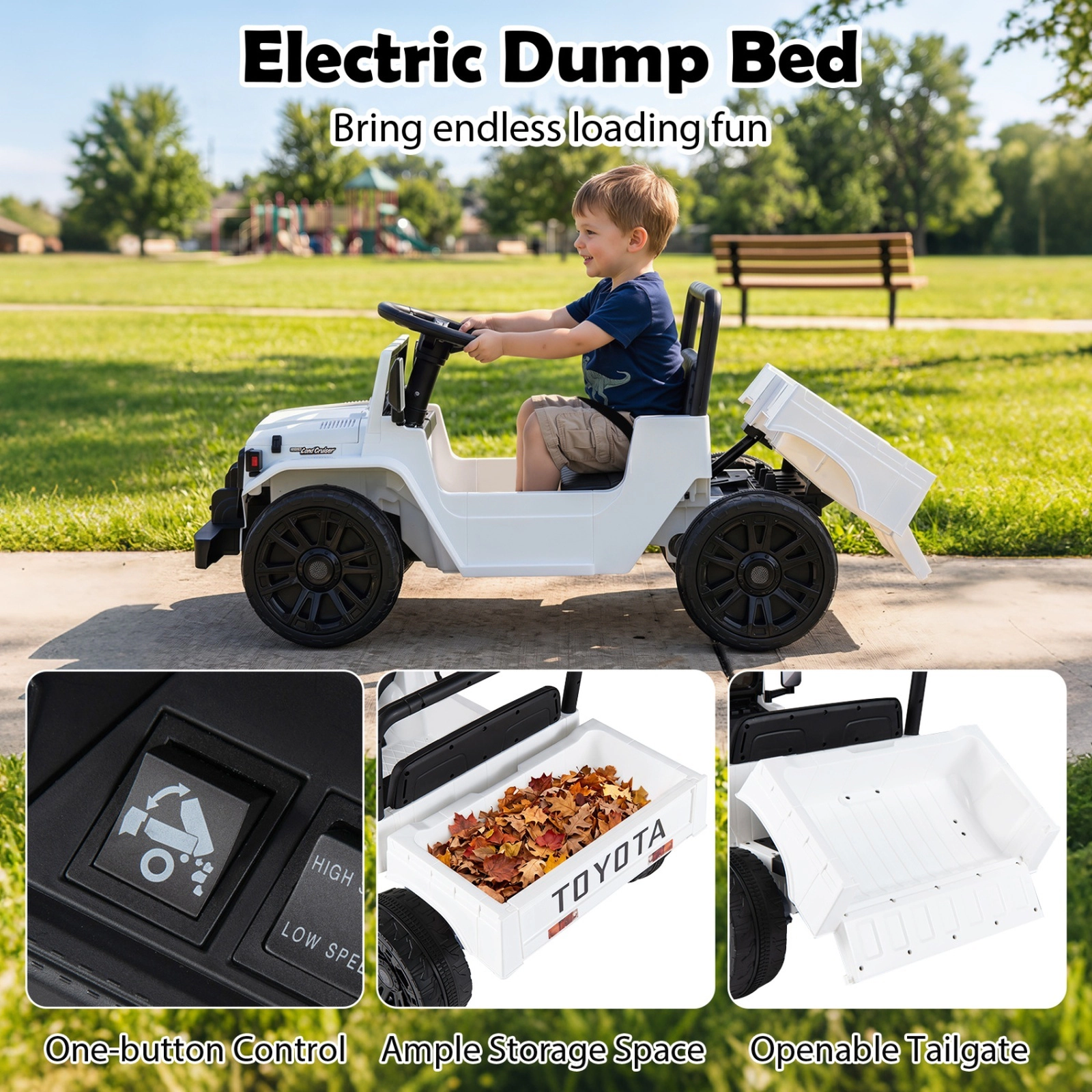 12V Kids Ride On Truck Electric Dump Bed Parent Remote 2-Speed Battery Powered Electric Car LED Lights Ages 3-6 White