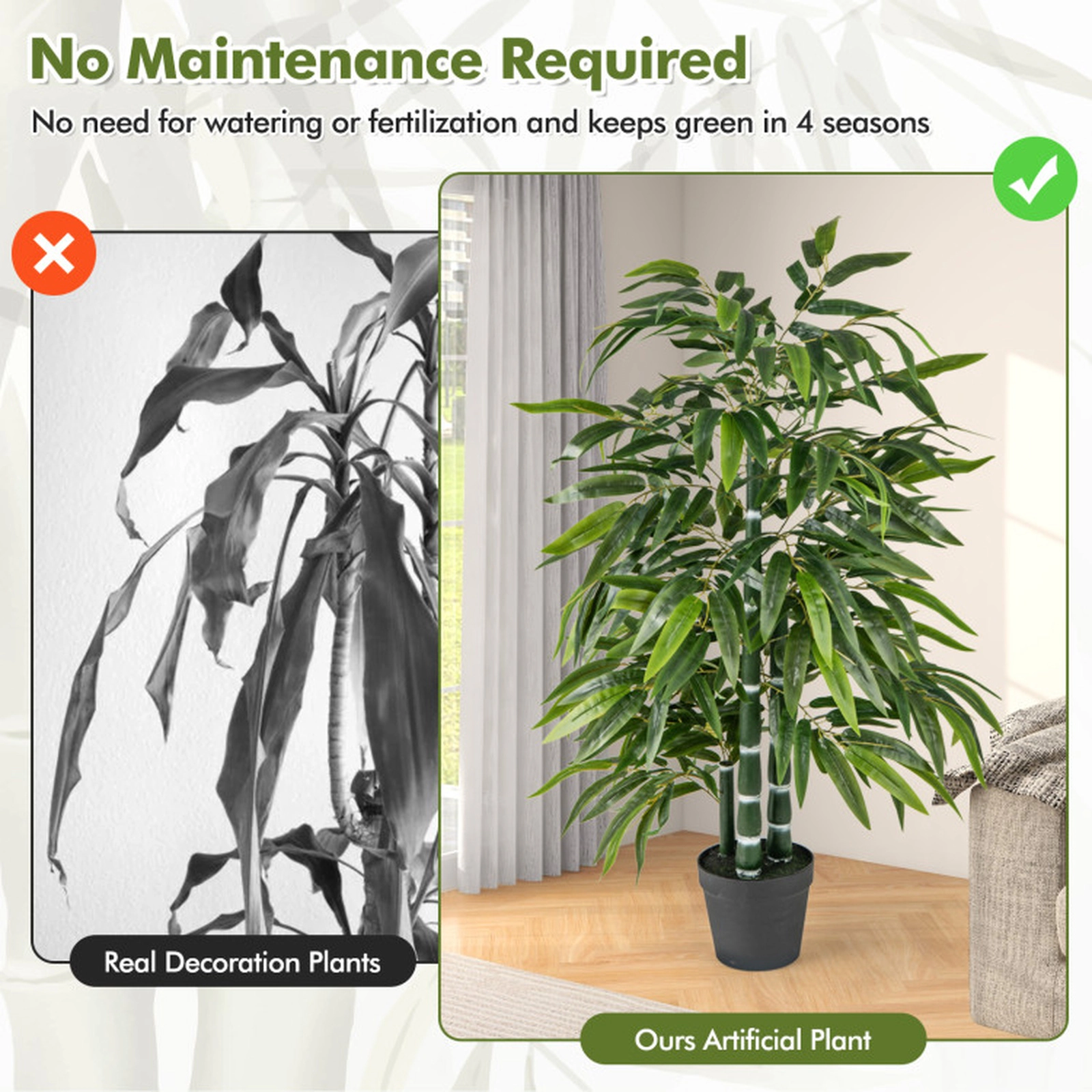 SUGIFT 2-Pack Artificial Bamboo Leaf Trees with 3 PE Trunks 50-in Tall with Weighted Cement Base Green Black