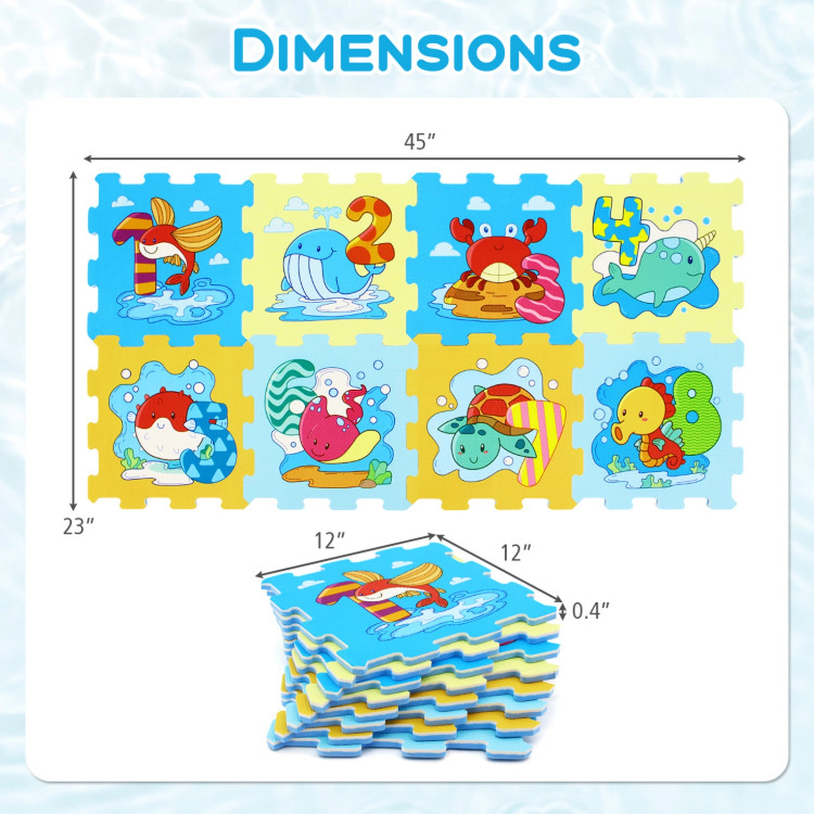 SUGIFT 8-Piece 12-in Educational Interlocking EVA Foam Baby Play Mat with Removable Animals and Numbers