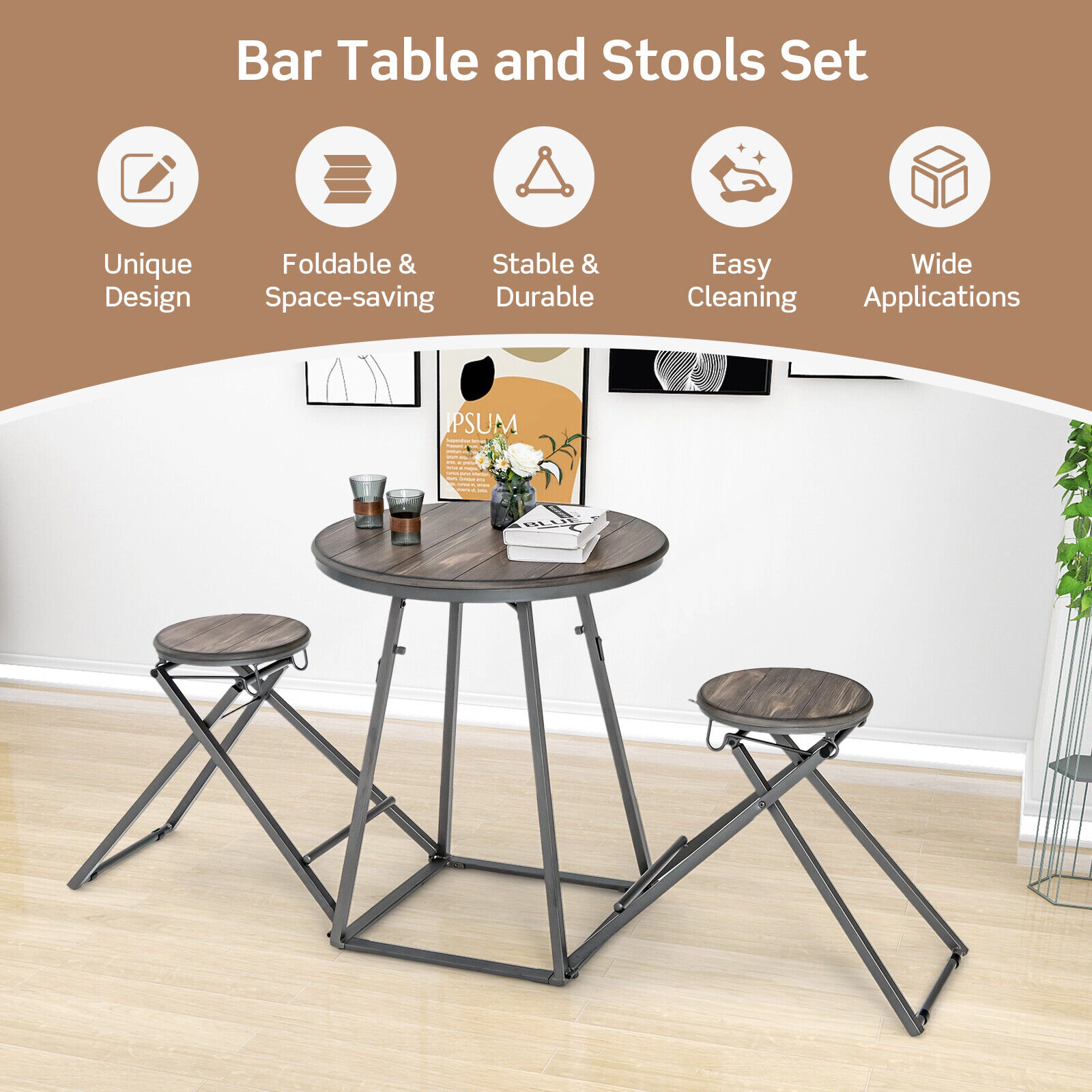 SUGIFT Space-Saving Round Dining Table Set with Foldable Stools 110-lb Table 330-lb Stools Gray