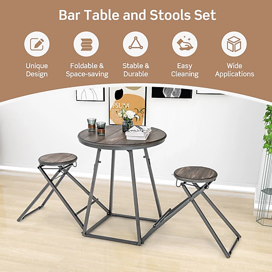 SUGIFT Space-Saving Round Dining Table Set with Foldable Stools 110-lb Table 330-lb Stools Gray