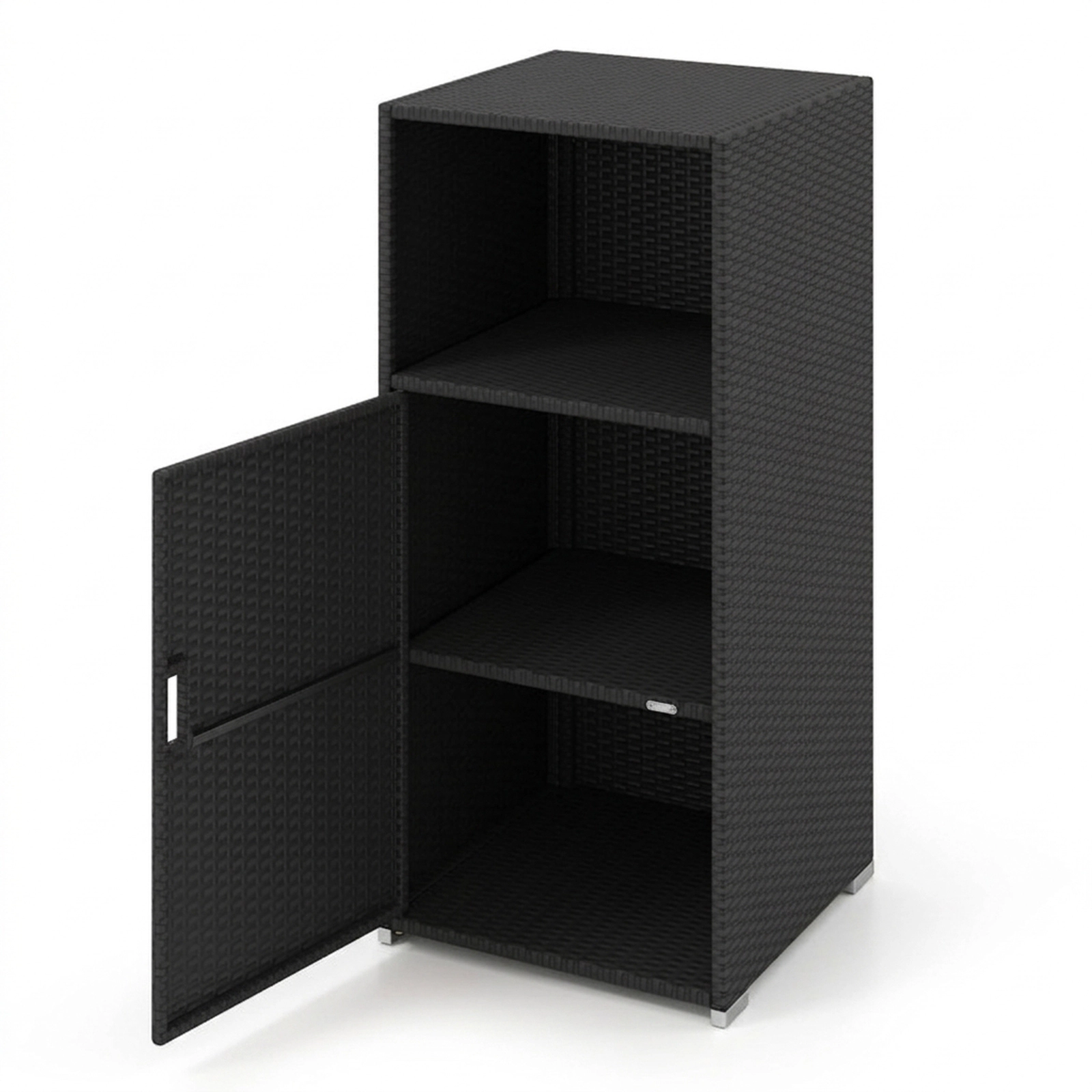 SUGIFT Black Hand-Woven PE Rattan Outdoor Storage Cabinet with Door Open Compartment and 66-lb Tiers