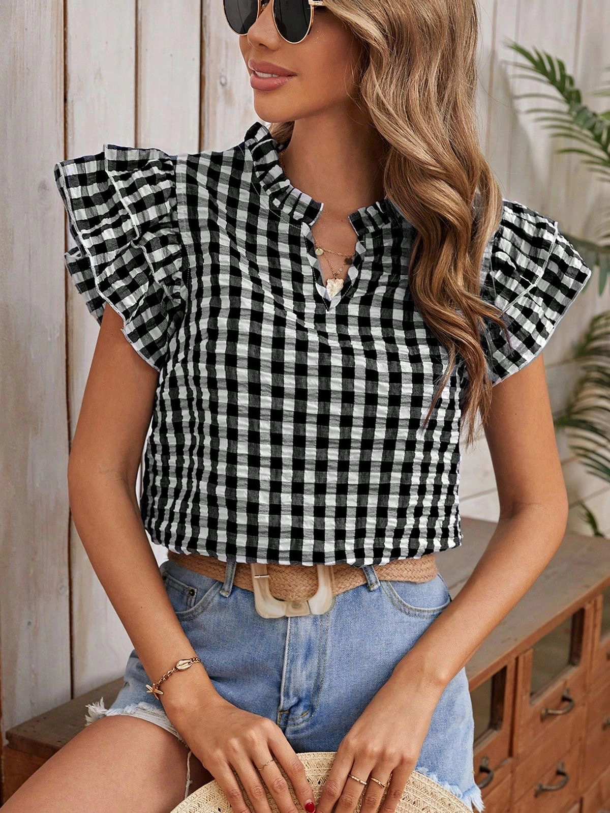 Enchanted Funland Womens Gingham Plaid Ruffle Cap Sleeve V‑Notch Collar Tops