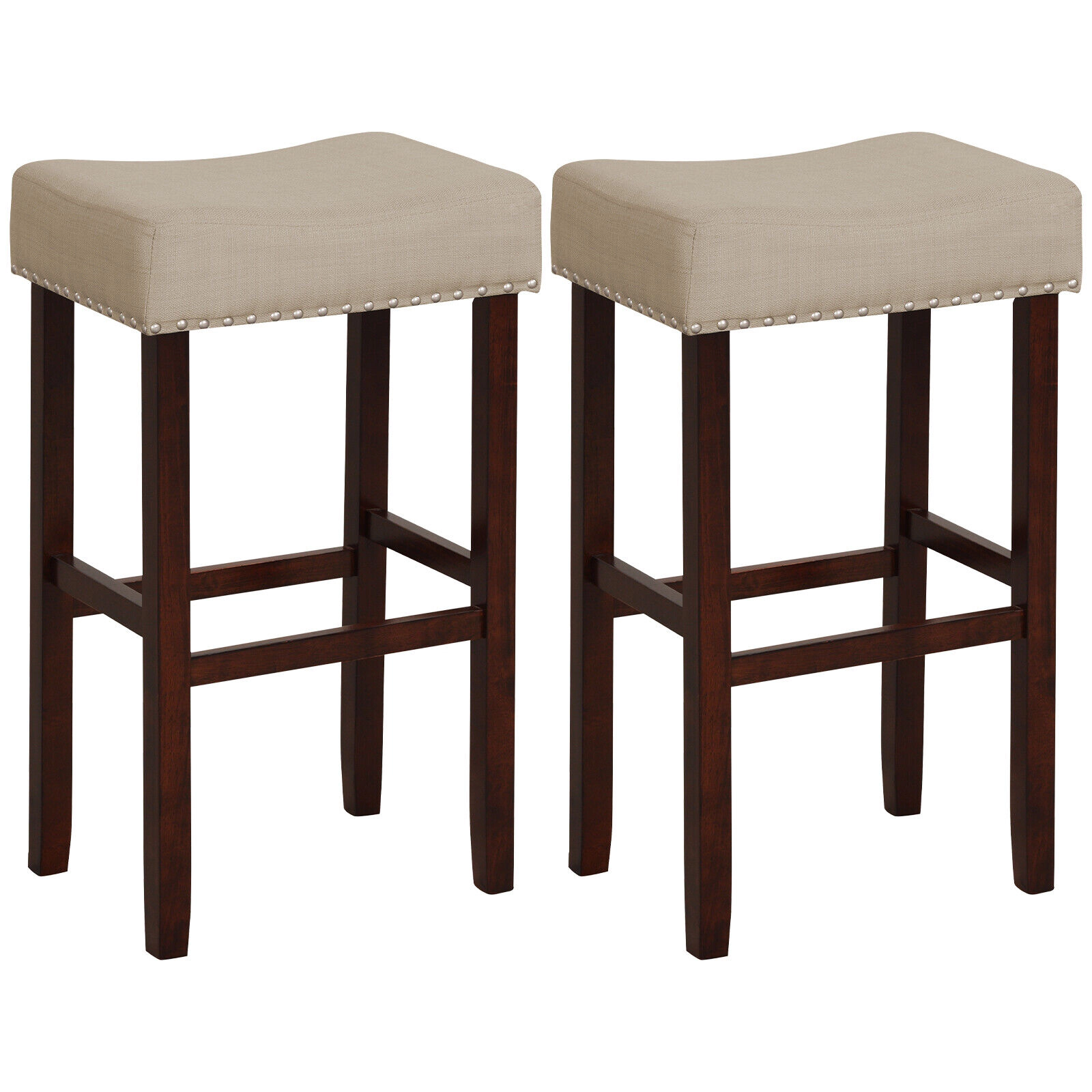 SUGIFT Set of 2 Beige 29.5-Inch Backless Bar Stools, Padded Linen Seats, Rubber Wood Legs