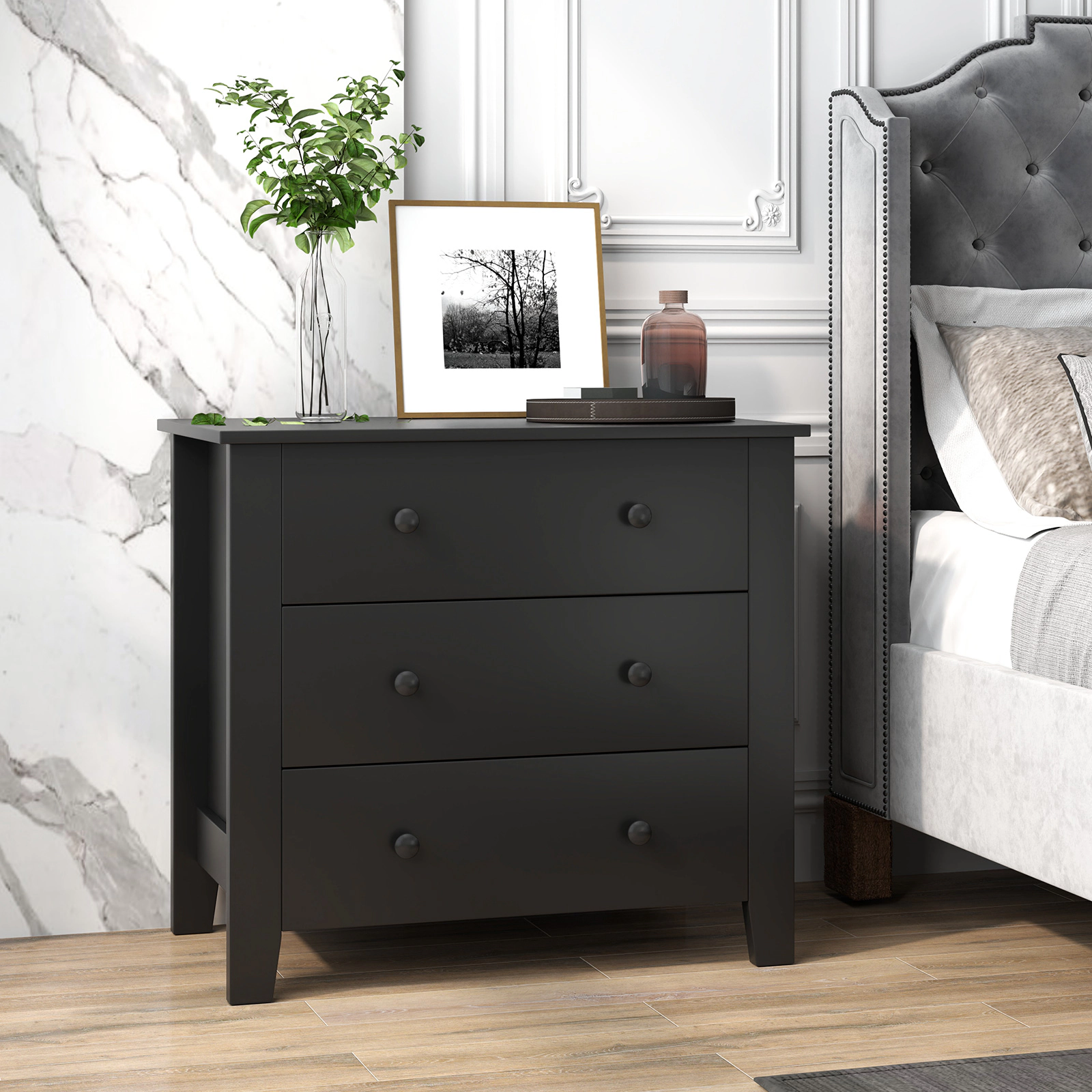 SUGIFT 3-Drawer MDF Dresser Chest of Drawers 220-Lb Capacity 28-in Tall Bedside Table 57-Lb Net Weight Black Wood Grain