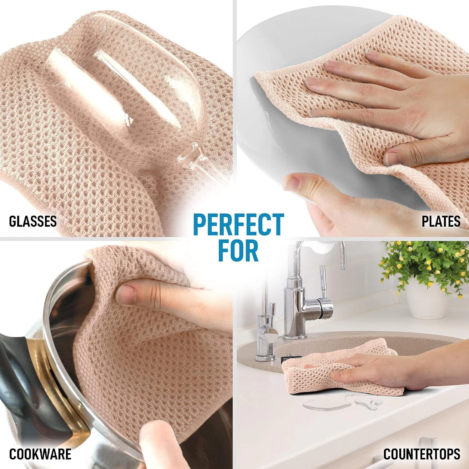 Zulay Kitchen Reusable Towels 3 Pack 100% Cotton Waffle Weave - 12x12” Super Absorbent Dish