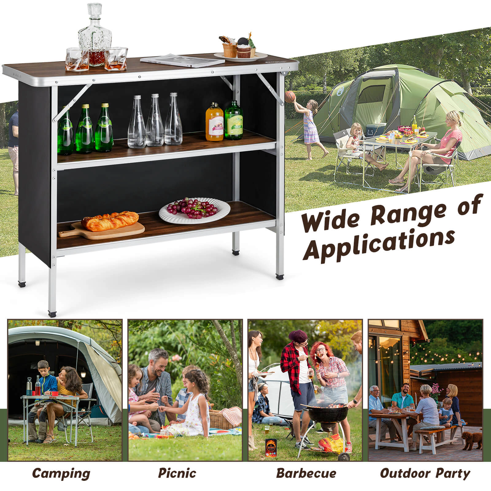 SUGIFT Folding Camping Table with 2-Tier Open Shelves 165-lb Tabletop Capacity 66-lb Shelf Capacity Black/Coffee