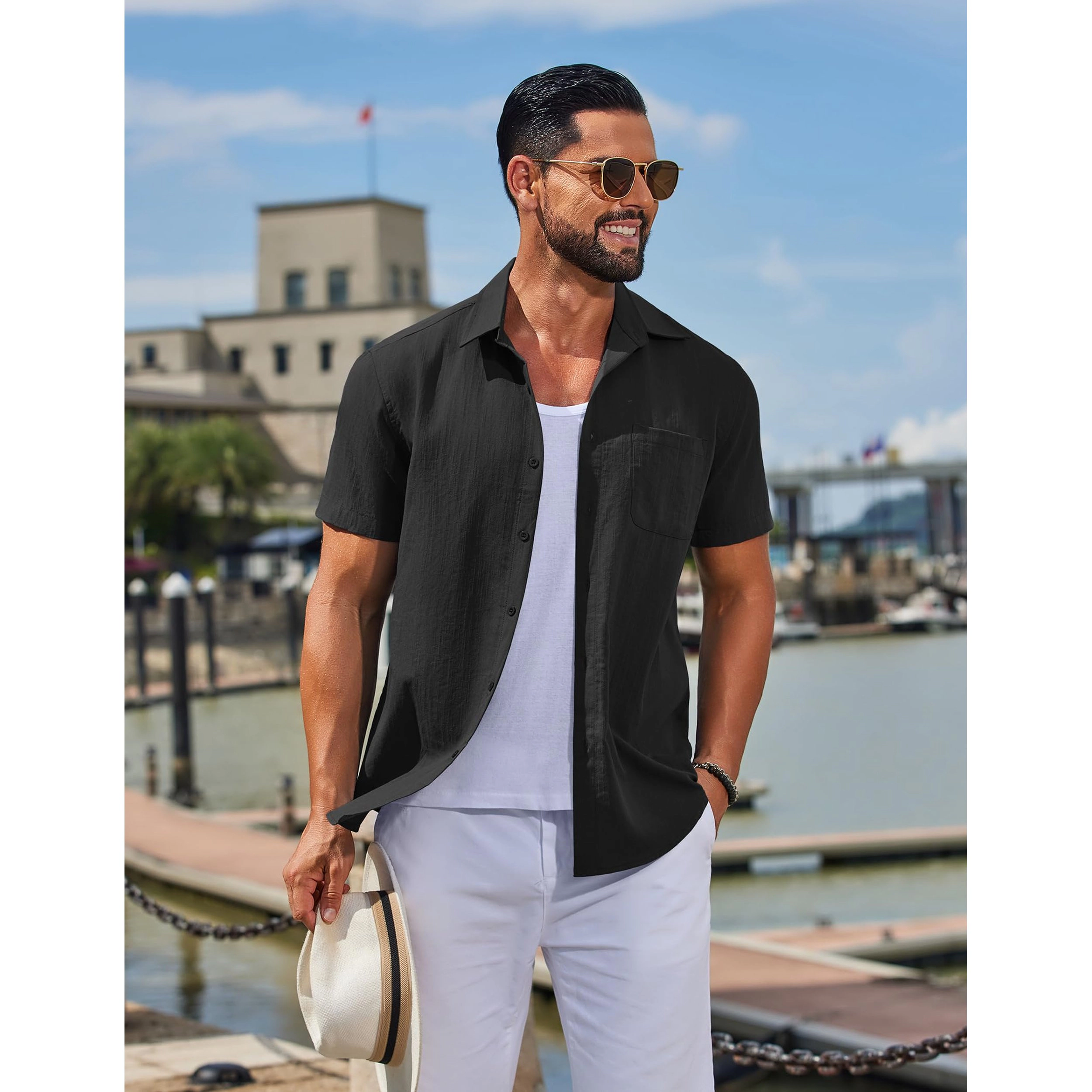 COOFANDY Mens Casual Short Sleeve Button Down Shirt Lapel Collar Pocket  Tops