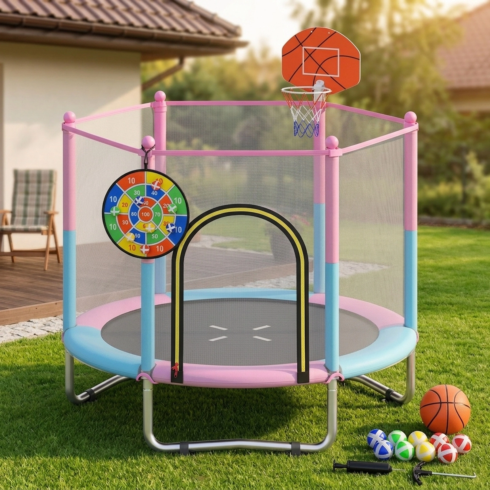 60-in Kids Trampoline Net Basketball Hoop 3-in-1 Dart Board 330-lb Capacity 30 Springs Macaron Recreational Ages 3-6