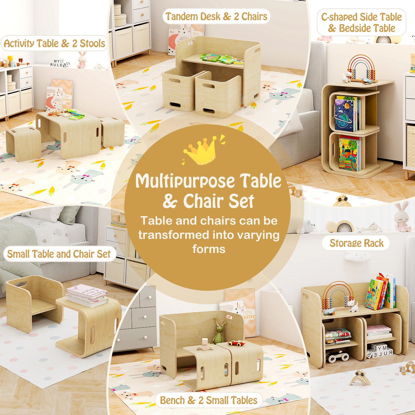 SUGIFT Natural Multifunctional Stool Desk Shelf Kids 3-Piece Birch Wood Table and Chair Set