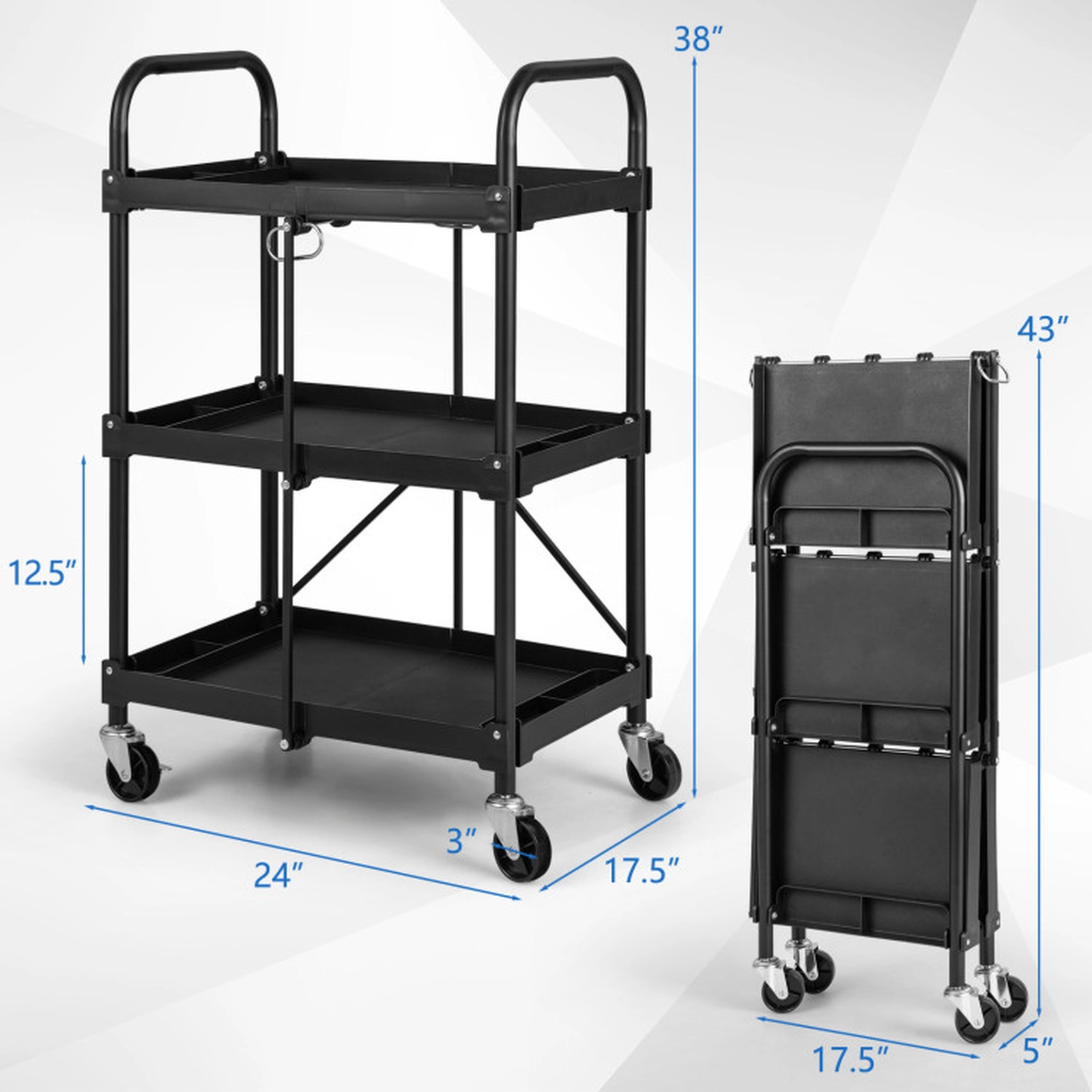 SUGIFT 3-Tier Folding Metal Frame Lockable Wheels Rolling Service Cart 24-in x 16-in x 38.5-in 33-lb per Shelf Black