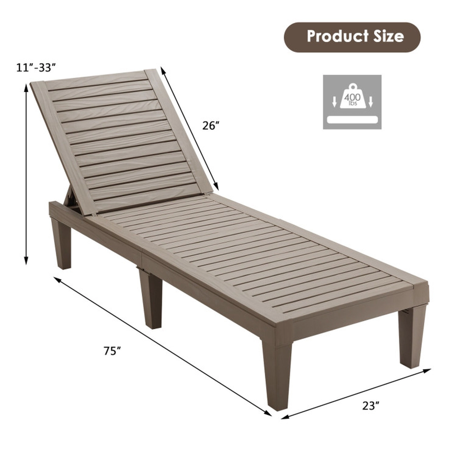 SUGIFT Brown 5-Position Backrest All-Weather PP 400-lb Set of 2 Outdoor Chaise Lounge Chairs