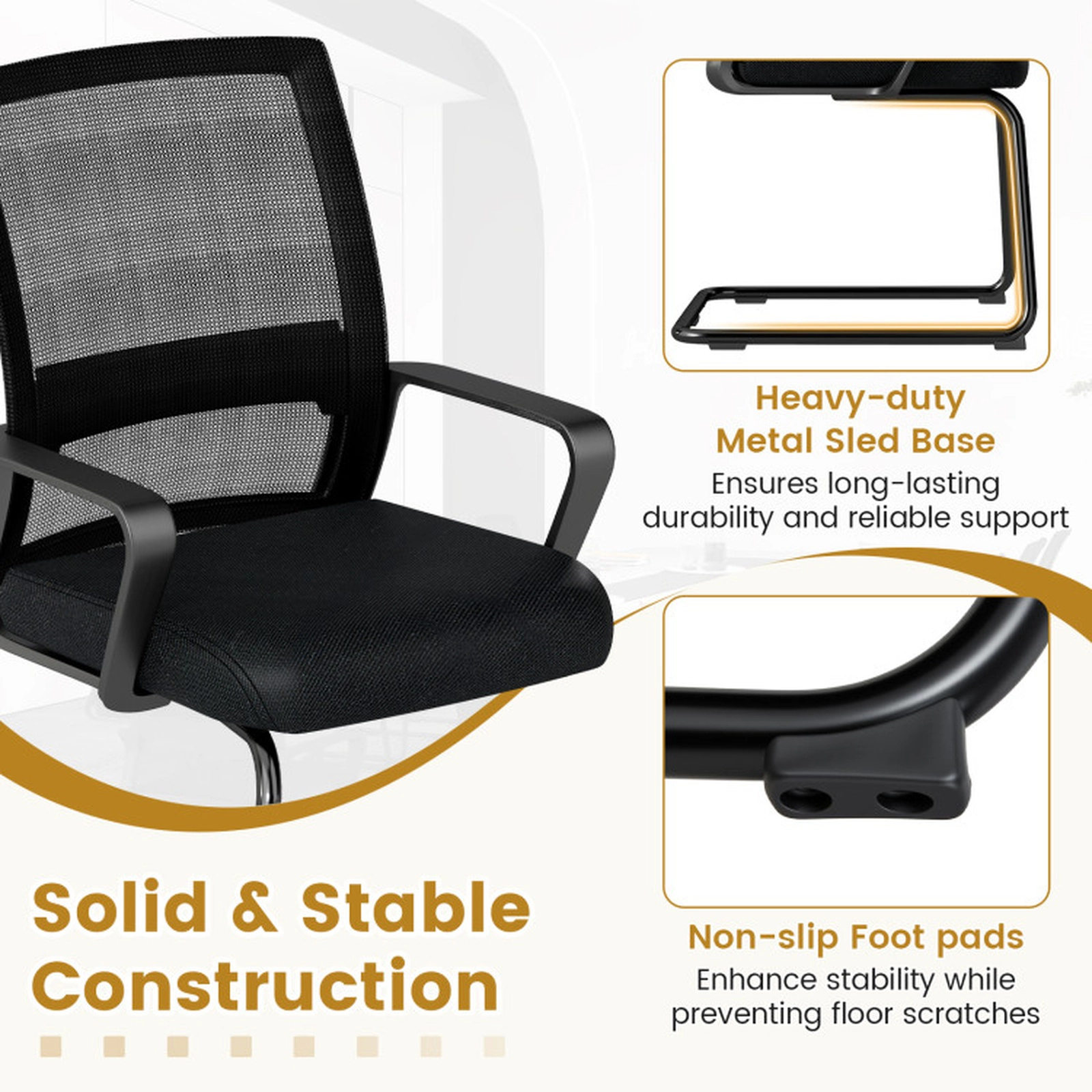 SUGIFT Set of 2 Mesh Back Lumbar Support Sled Base Office Guest Chairs 24.5-in x 23.5-in x 37-in 220-lb Capacity Black