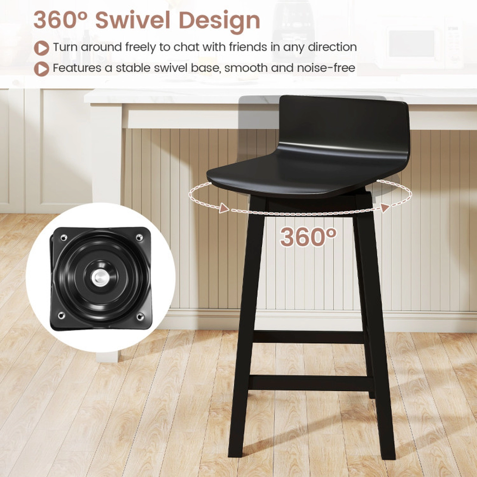 SUGIFT 24.5-in Seat Height Swivel Wooden Bar Stools with Low Back 350-lb Capacity Set of 4 Walnut/Black/White