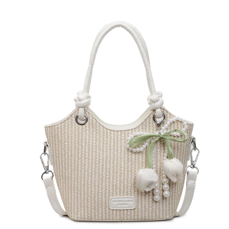 Alilang Women's Woven Mini Tote Crossbody Bag with Pearl Bow Charm and Strap