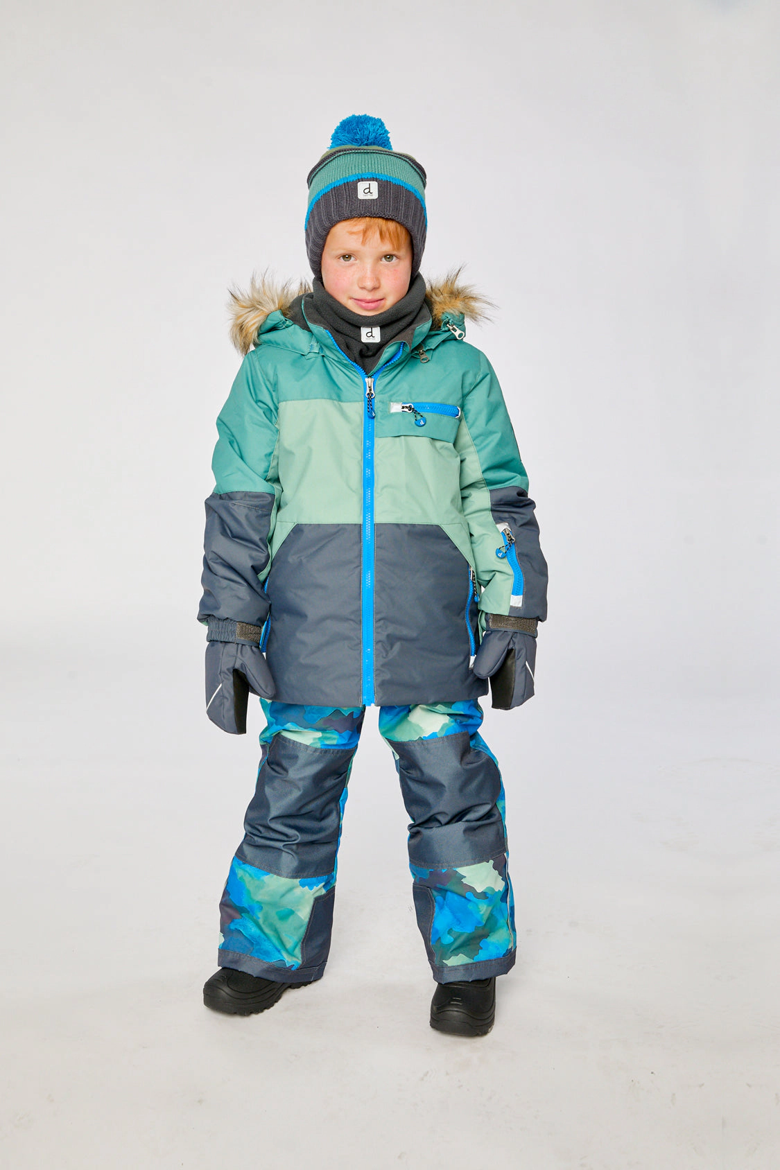 Deux par Boys Colorblock Two Piece Play Snowsuit with Hooded Jacket and Camouflage Snow Pants