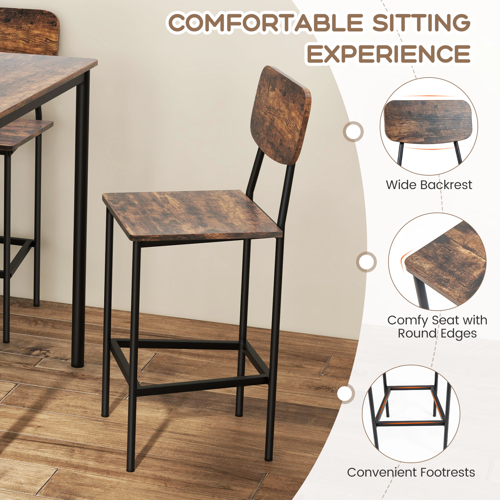 SUGIFT Industrial Counter-Height Dining Set with 300-lb Table Capacity and 4 Bar Stools 200-lb Capacity Coffee