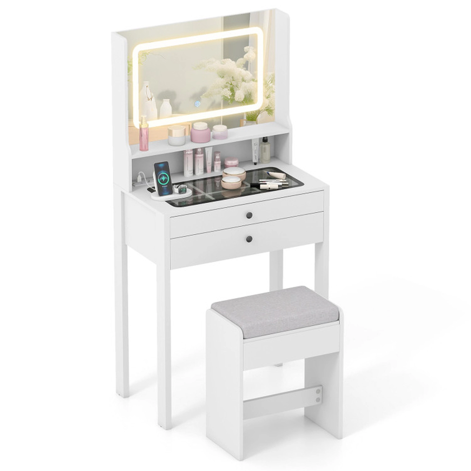 SUGIFT Small Vanity Desk with Mirror Lights & Glass Top 77-lb Table 165-lb Stool Capacity 25 x 16 x 52 in White/Natural