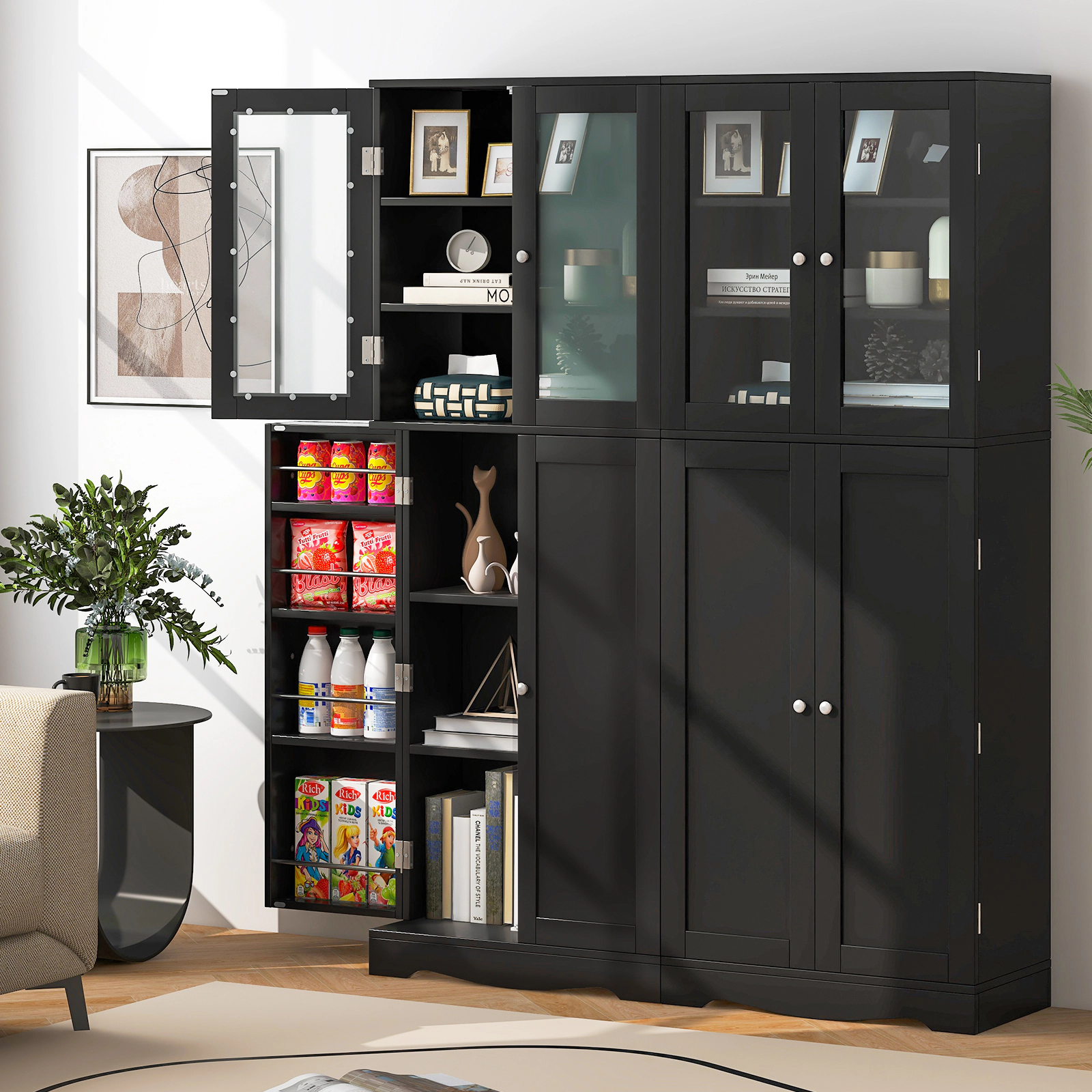 SUGIFT 63.5-in Glass Doors 4 Door Racks 3 Shelves Kitchen Pantry Cabinet 24-in x 12.5-in 50-lb per Shelf Black