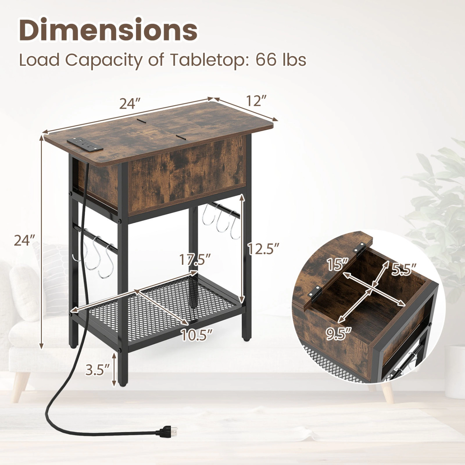 SUGIFT Set of 2 End Tables with Charging Station Hidden Compartment 66-Lb Tabletop Rustic Brown & Black