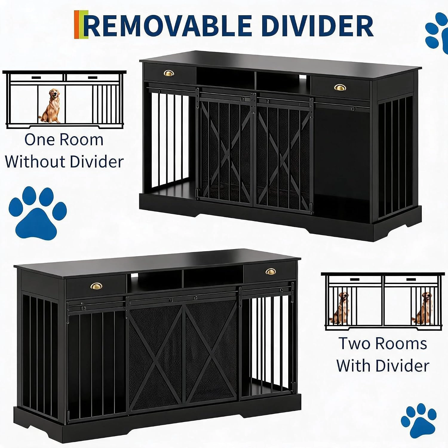 63-Inch JM-GL-100 Double-Stack Metal Dog Crate, Heavy-Duty Dual-Level Pet Cage, Pure Black
