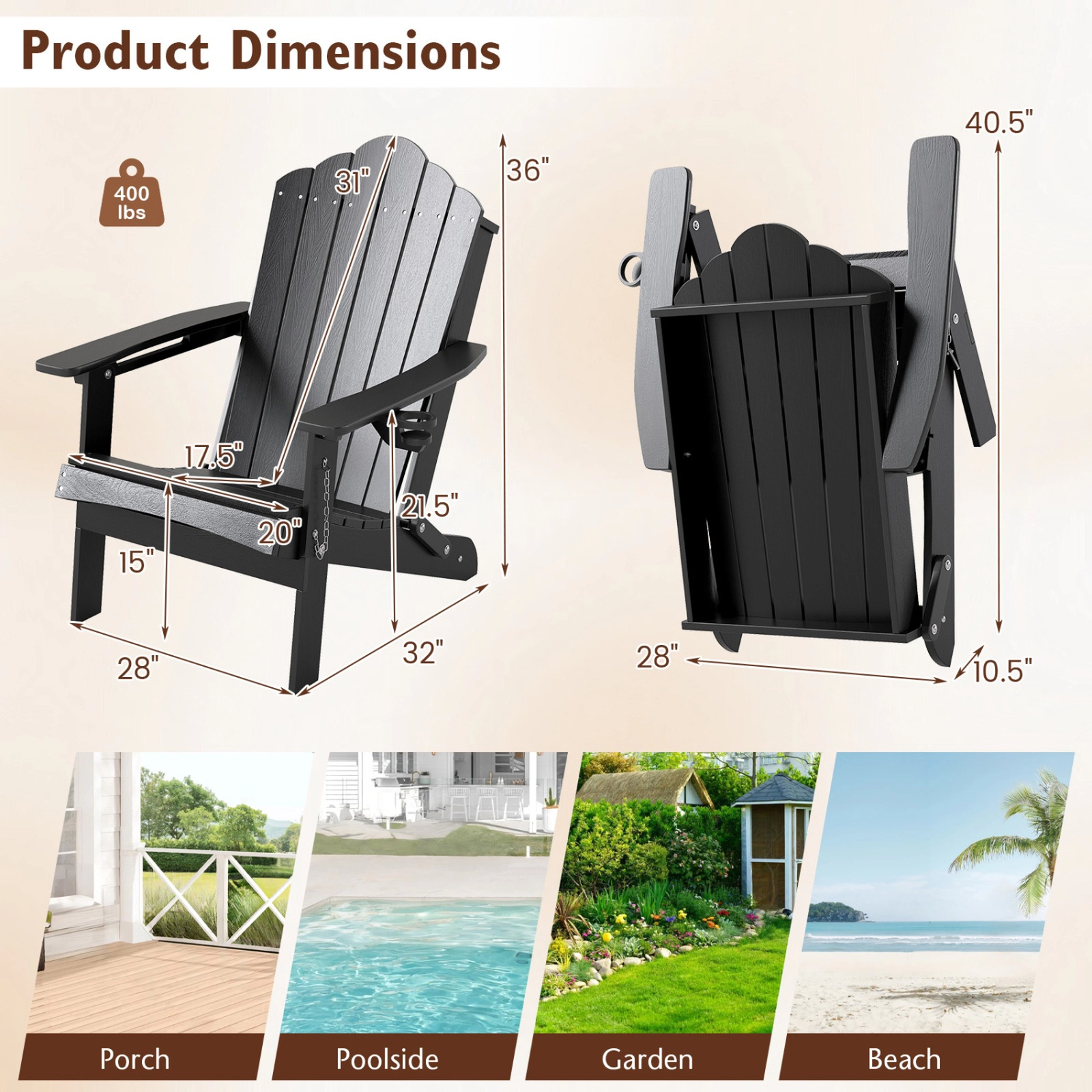 SUGIFT Weather Resistant Folding HDPE Adirondack Chair 400-lb Capacity Black
