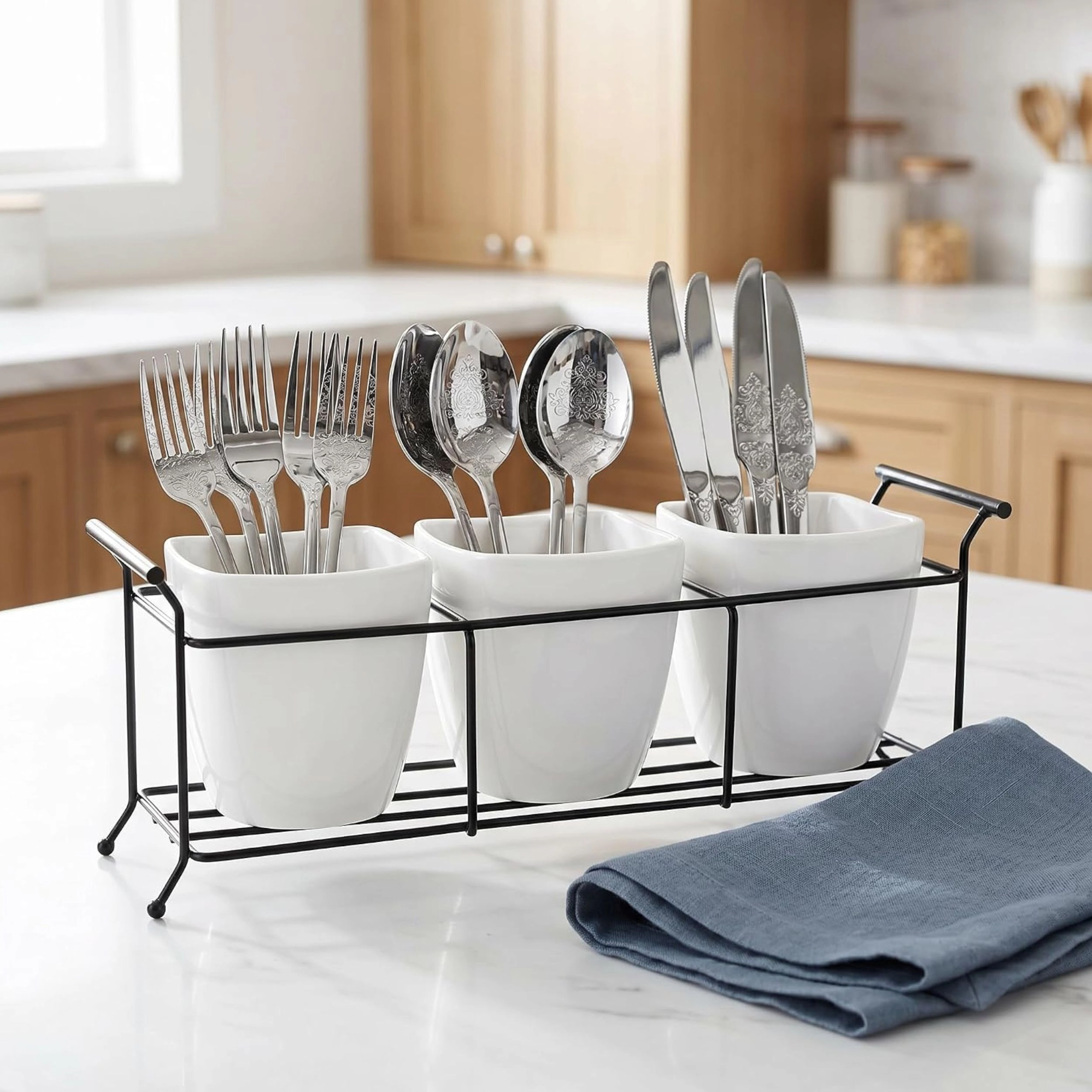 Stock Preferred White Ceramic Flatware Caddy with Metal Rack Utensil Organizer