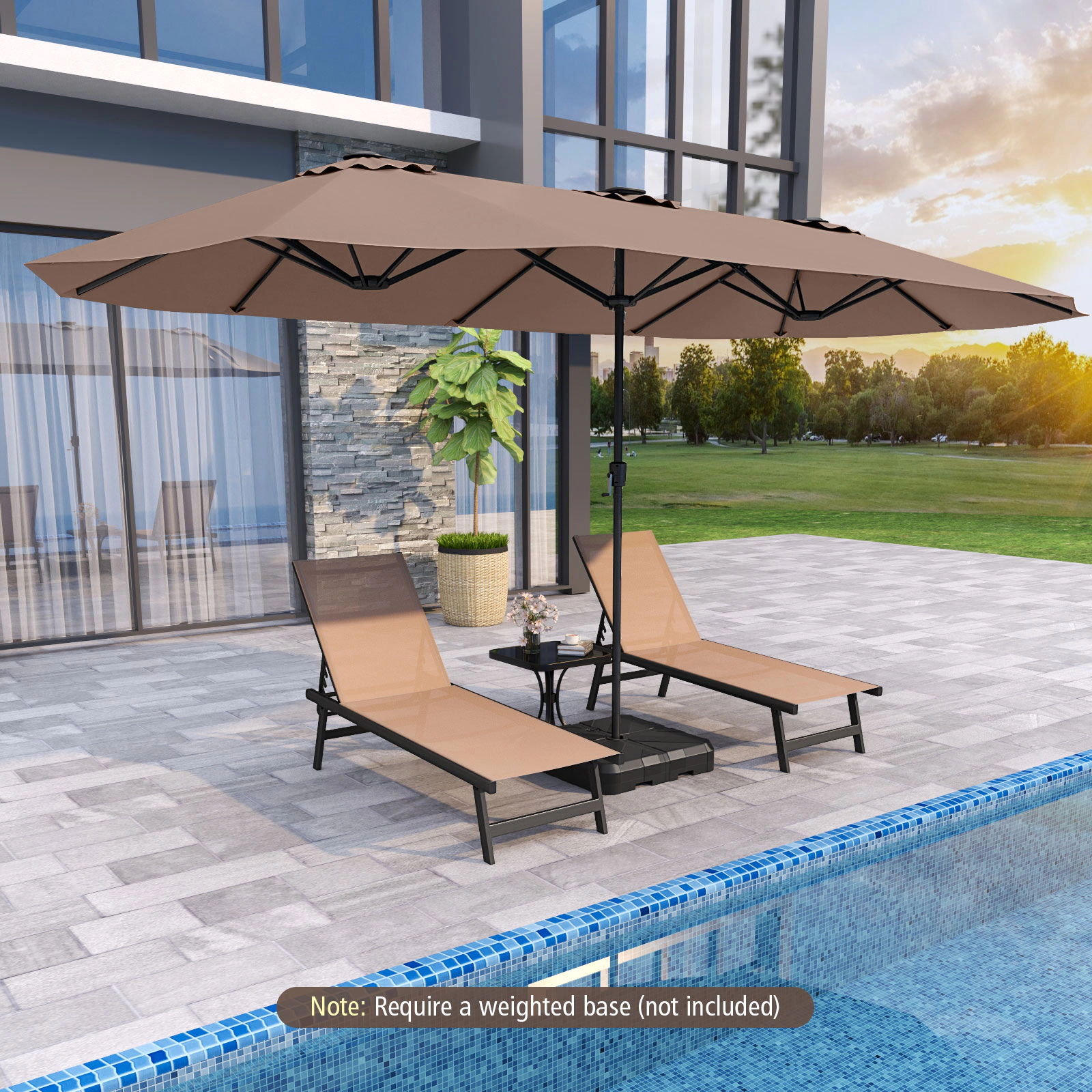 SUGIFT 15.5-ft Double-Sided Patio Umbrella with LED Solar Lights and Crank Handle Brown