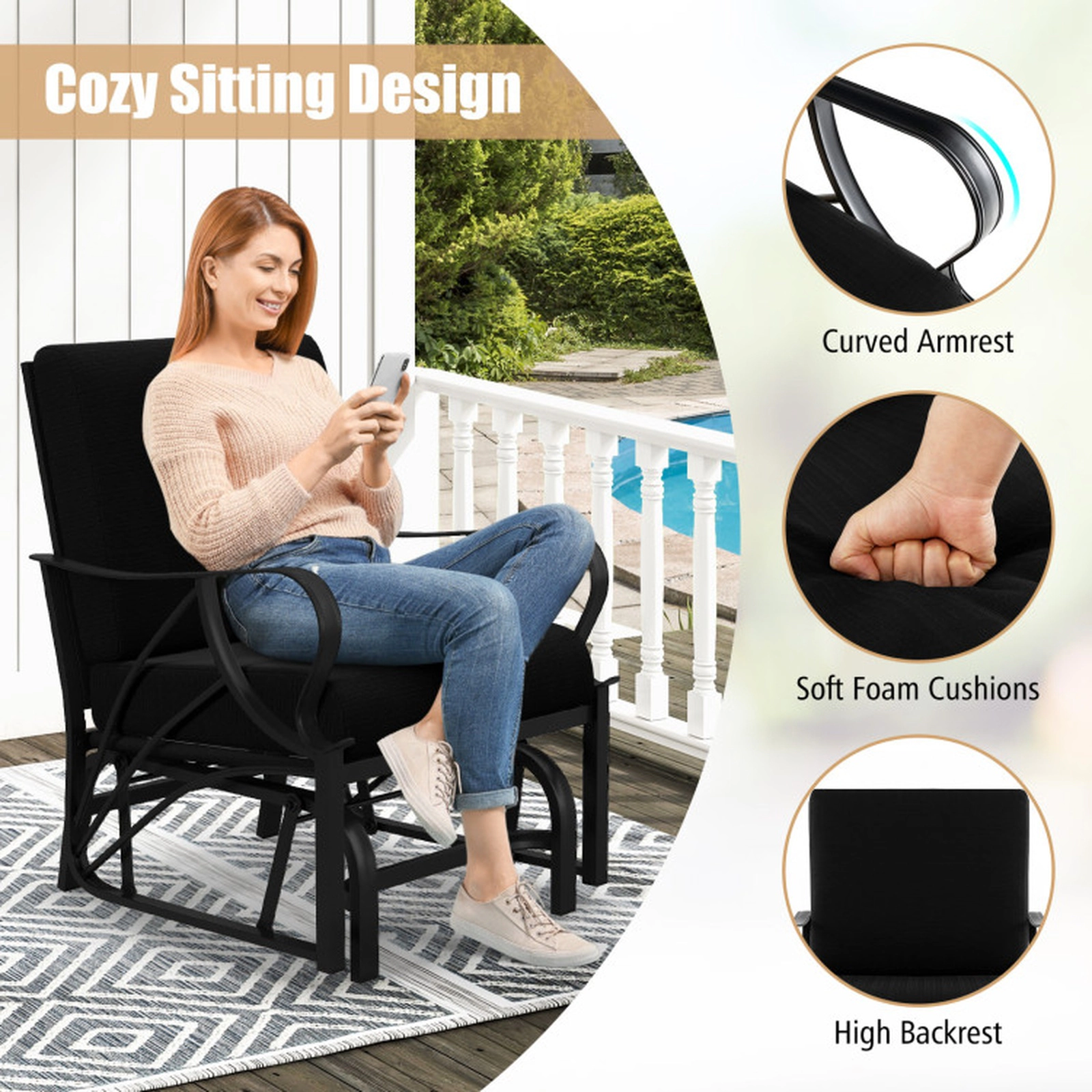 SUGIFT Black Metal Outdoor Patio Glider Chair, 330-Lb Capacity, Thick Cushion and Curved Armrests