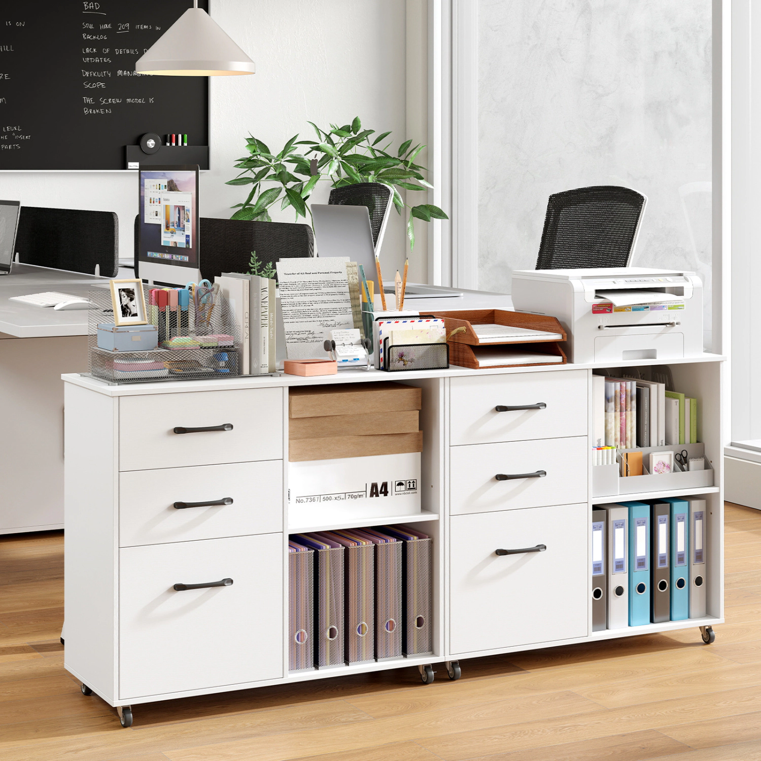 LJG 3-Drawer Mobile File Cabinet with Open Storage Shelves and Wheels for Letter A4 Size