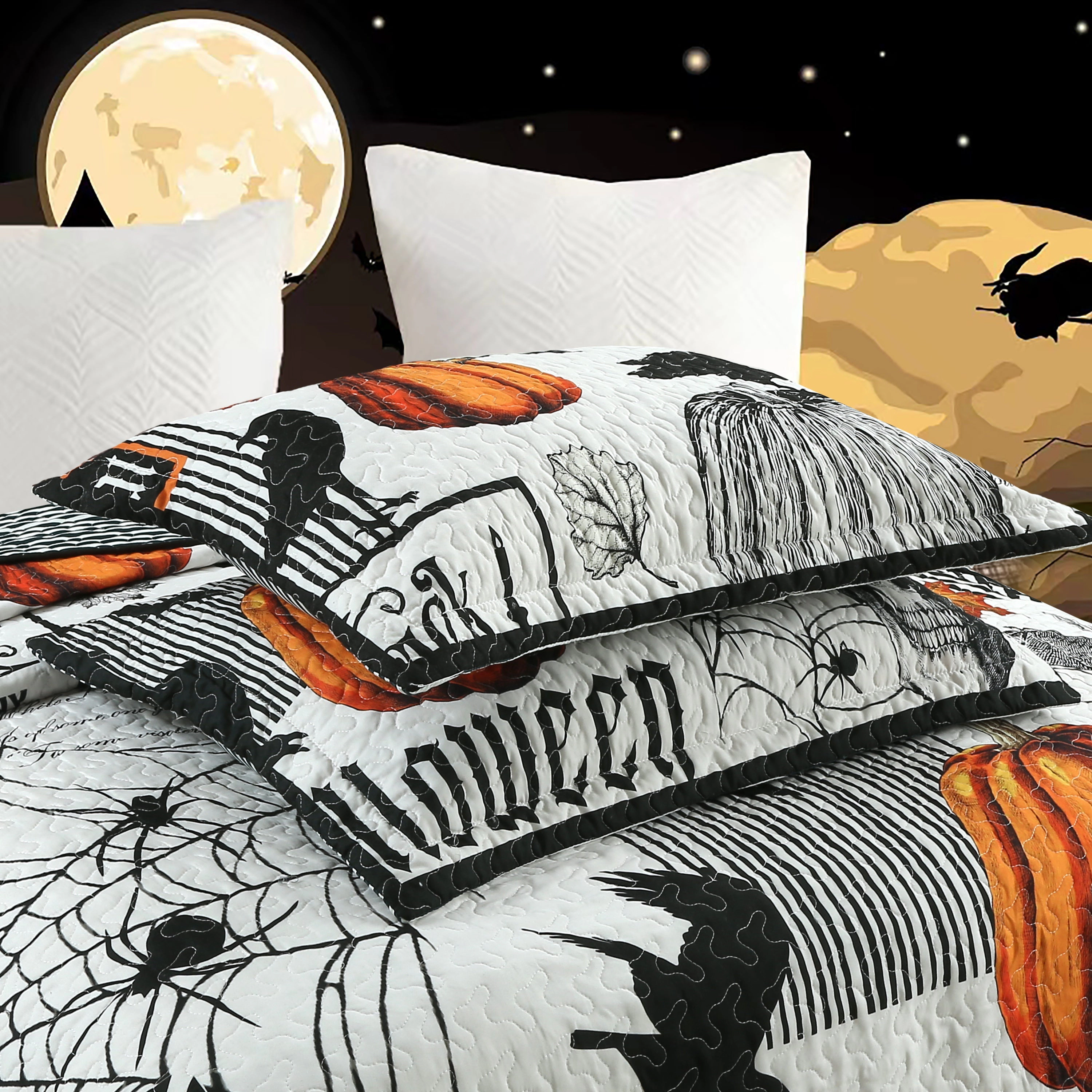 MarCielo 3 Piece Halloween Quilt Set - Skull & Pumpkin Print Bedspread