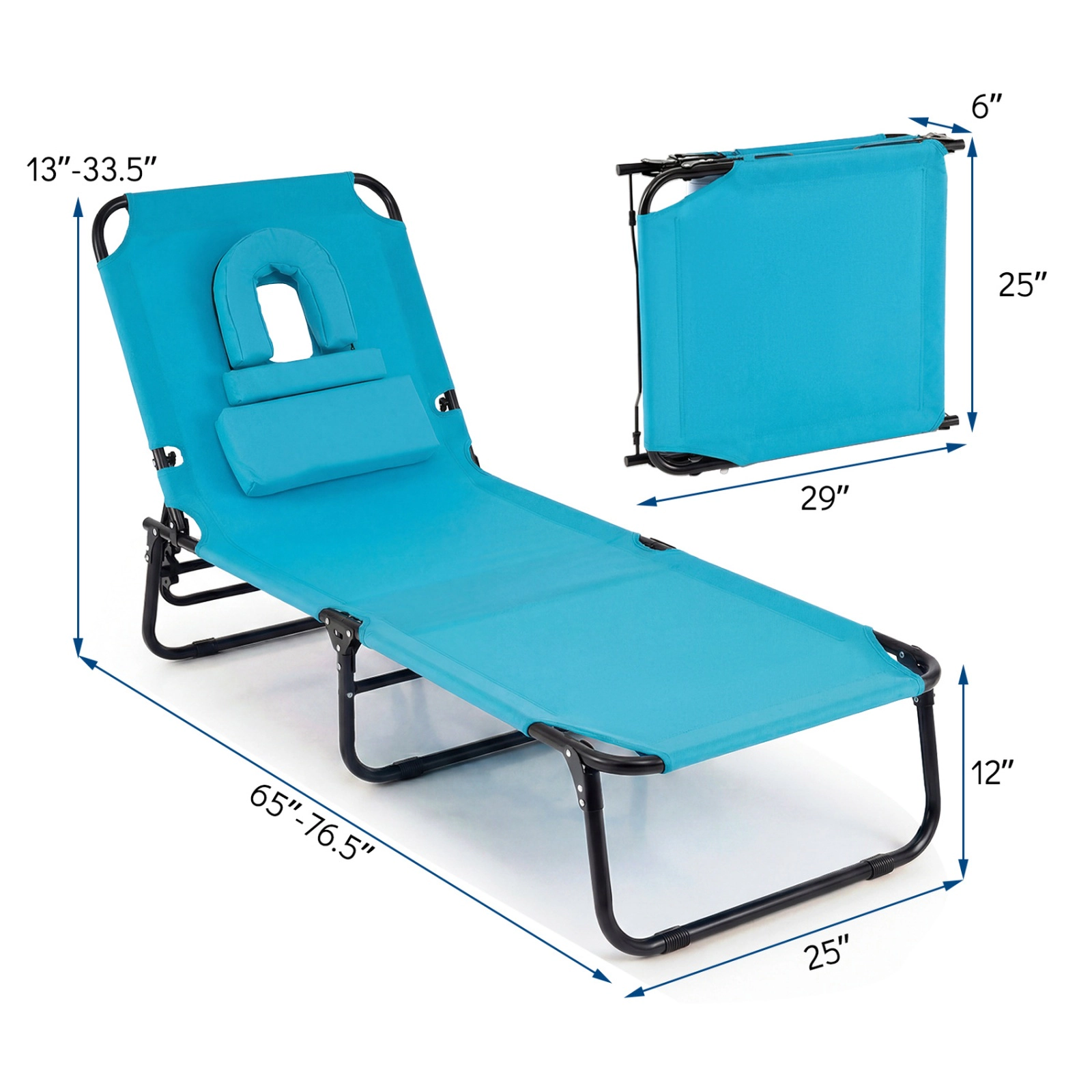 SUGIFT Adjustable Folding Face Down Tanning Chair with Face Hole and 3 Removable Pillows 330-lb Capacity Turquoise
