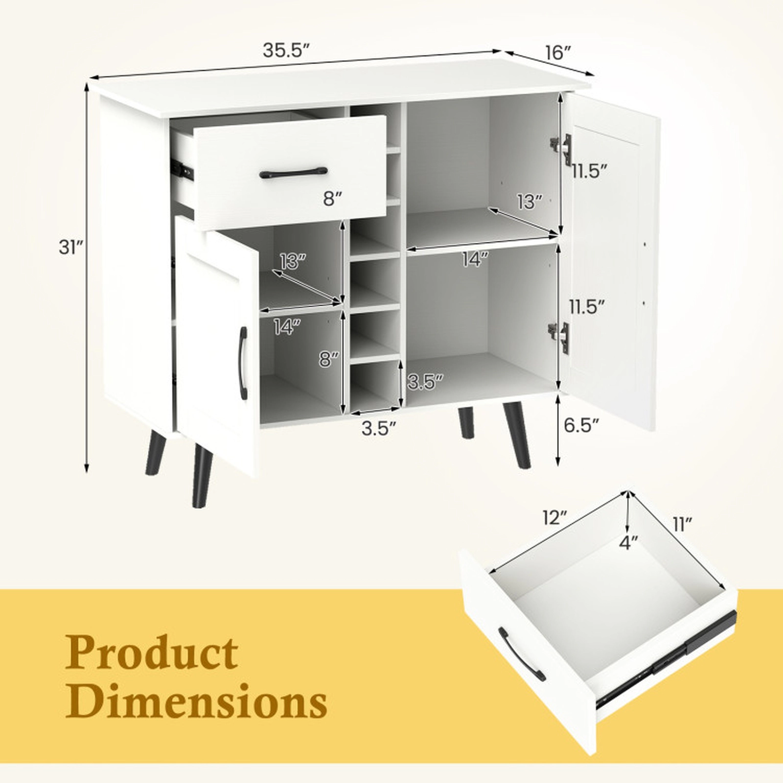 SUGIFT 6-Bottle Rack 2 Door Cabinets Metal Legs Buffet Wine Cabinet 35.5-in x 16-in x 31-in 125-lb Capacity White